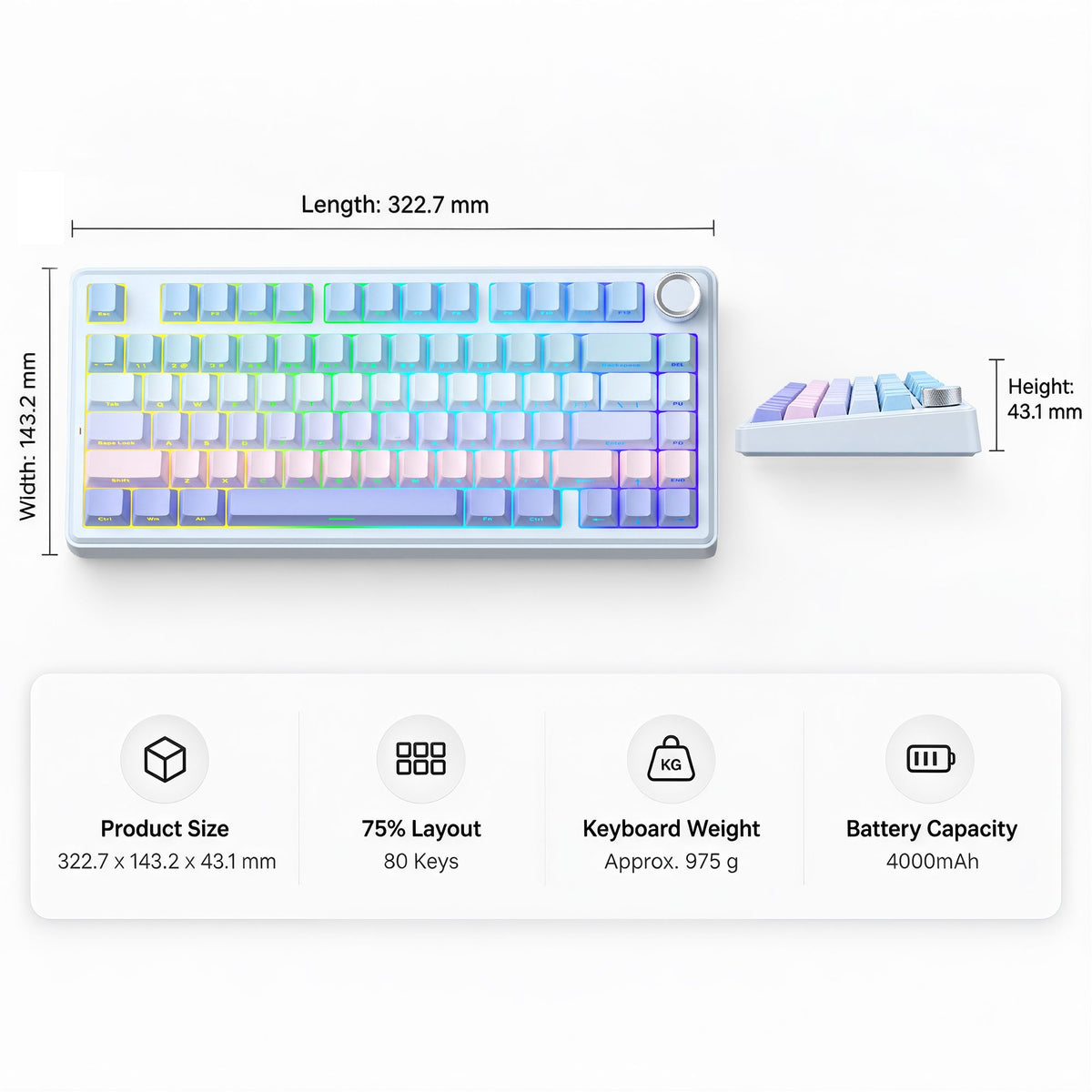 SOLAKAKA A75 Wireless Mechanical Keyboard 75% Gasket Hot-Swap RGB Knob Blue