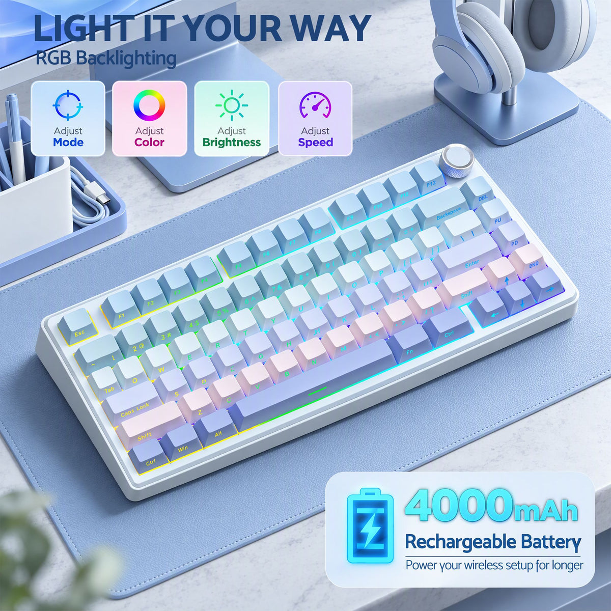 SOLAKAKA A75 Wireless Mechanical Keyboard 75% Gasket Hot-Swap RGB Knob Blue