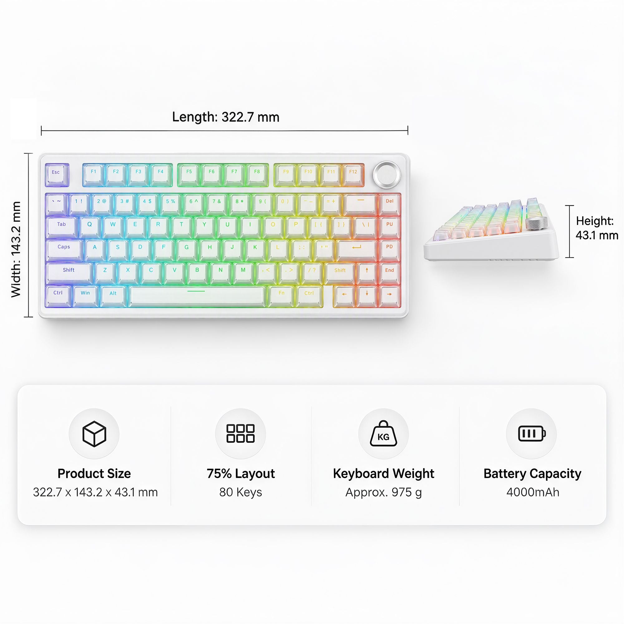 SOLAKAKA A75 Wireless Mechanical Keyboard 75% Gasket Hot-Swap RGB Knob White