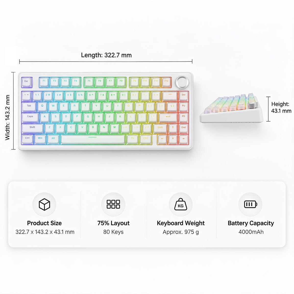 SOLAKAKA A75 Wireless Mechanical Keyboard 75% Gasket Hot-Swap RGB Knob White