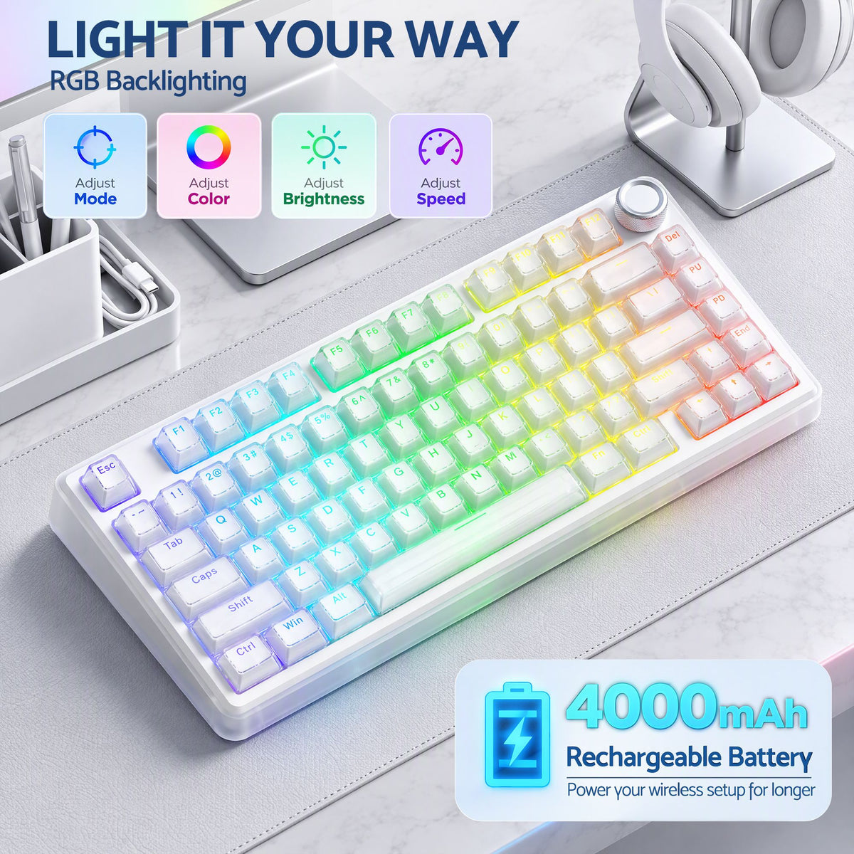SOLAKAKA A75 Wireless Mechanical Keyboard 75% Gasket Hot-Swap RGB Knob White