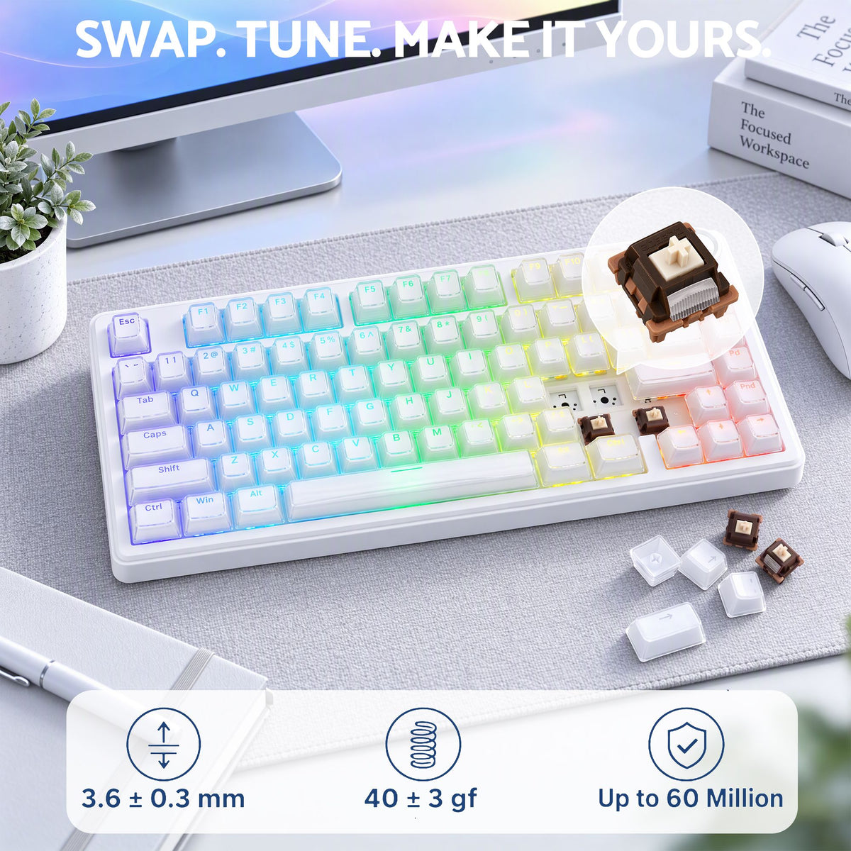 SOLAKAKA A75 Wireless Mechanical Keyboard 75% Gasket Hot-Swap RGB Knob White