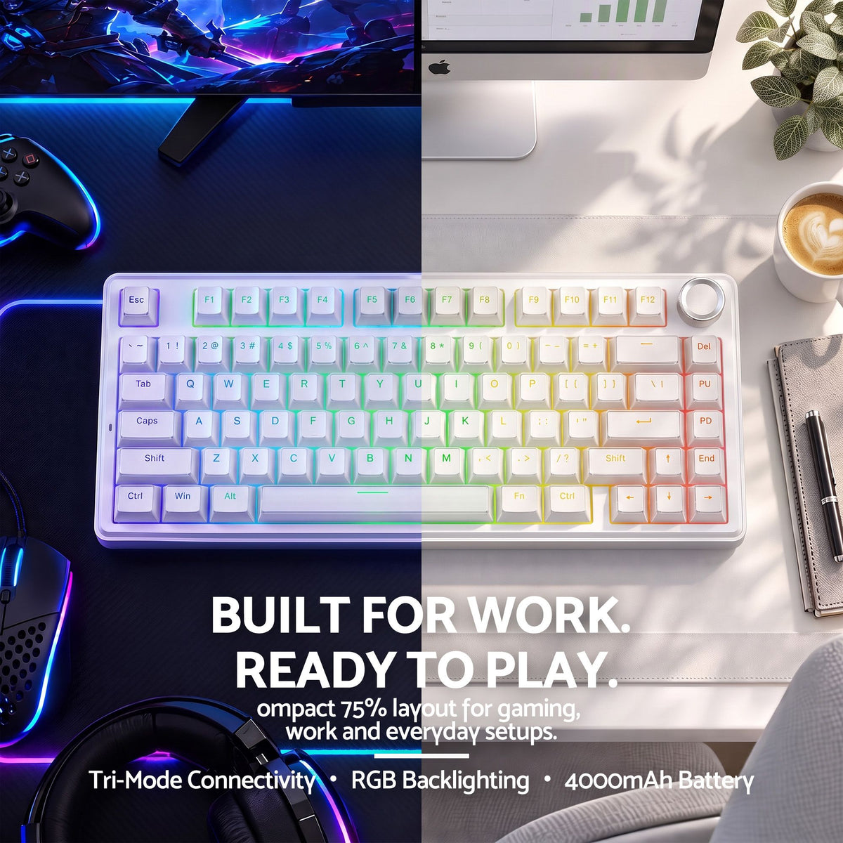 SOLAKAKA A75 Wireless Mechanical Keyboard 75% Gasket Hot-Swap RGB Knob White