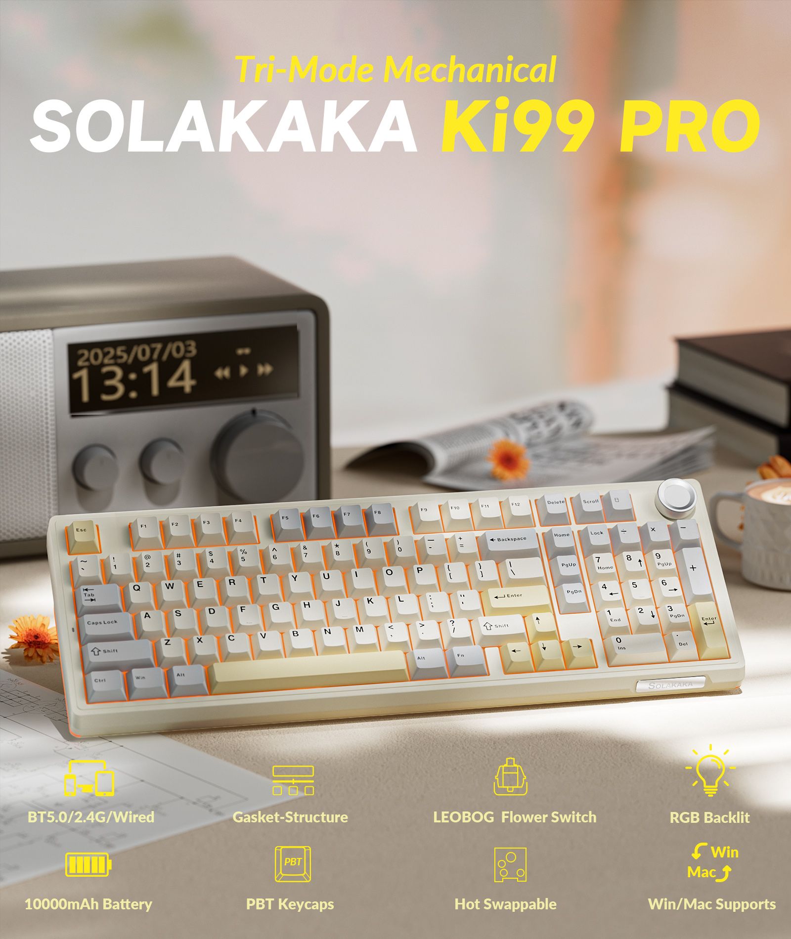 SOLAKAKA Ki99 Pro Wireless Mechanical Keyboard 99 Key Gasket Hot-Swap RGB Orange