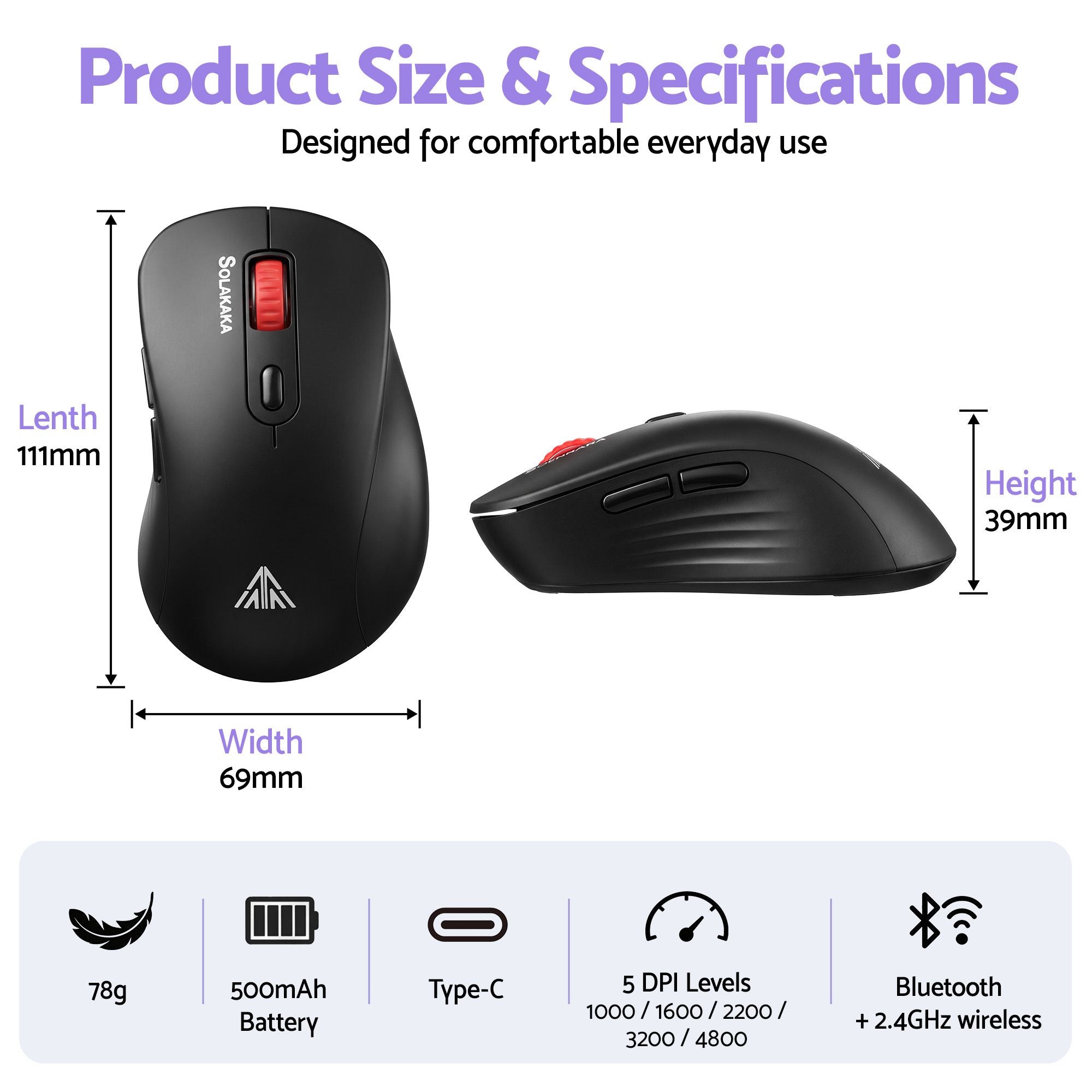SOLAKAKA SM66 Silent Wireless Mouse Bluetooth 2.4GHz Multi-Device 4200 DPI Black