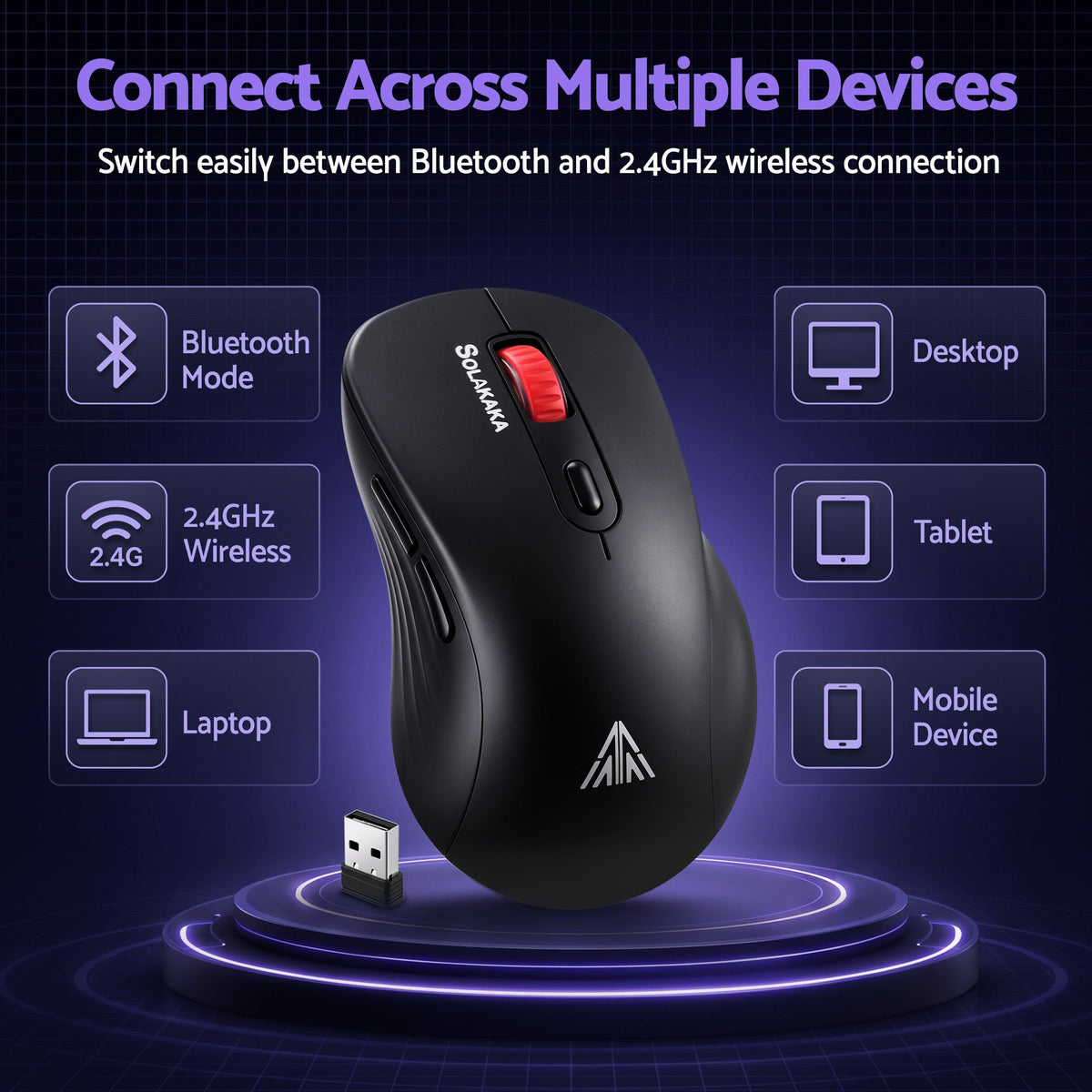 SOLAKAKA SM66 Silent Wireless Mouse Bluetooth 2.4GHz Multi-Device 4200 DPI Black