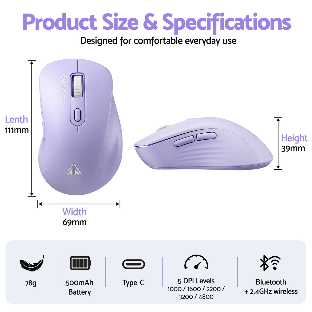 SOLAKAKA SM66 Silent Wireless Mouse Bluetooth 2.4GHz Multi-Device 4200DPI Purple