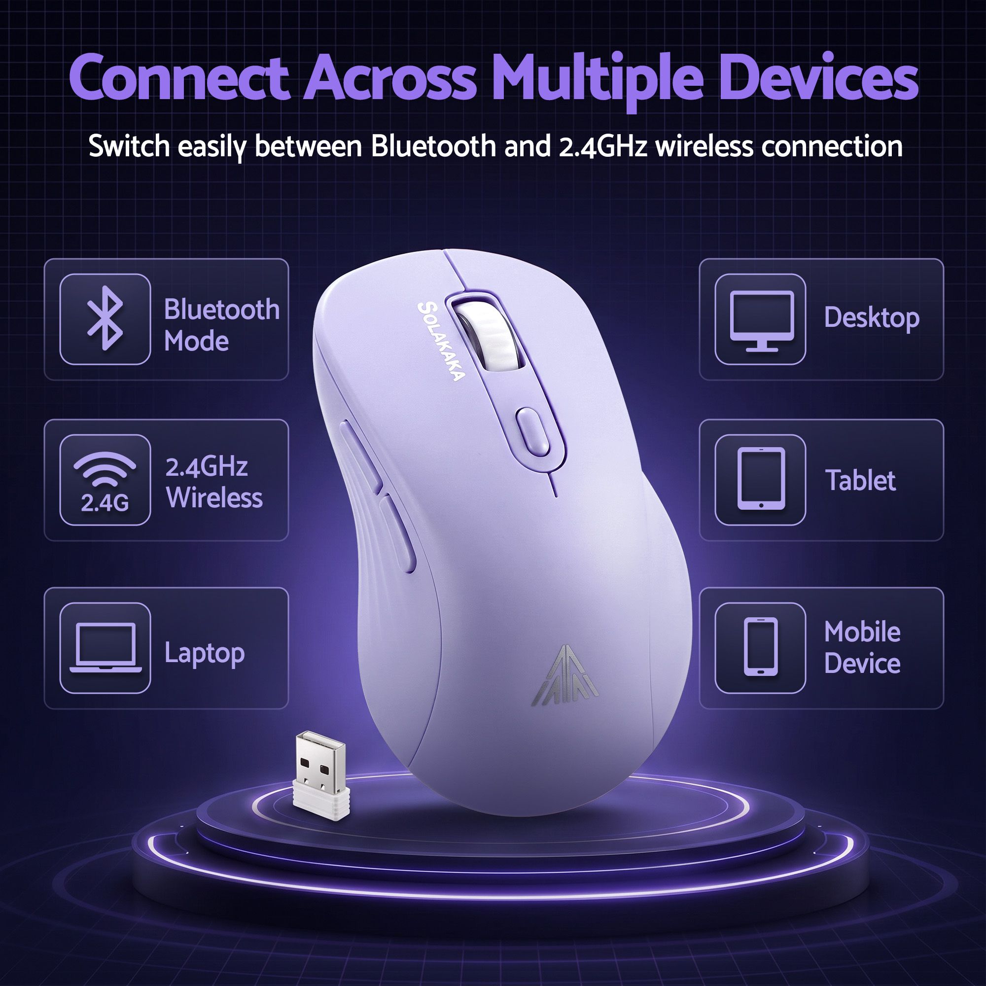 SOLAKAKA SM66 Silent Wireless Mouse Bluetooth 2.4GHz Multi-Device 4200DPI Purple