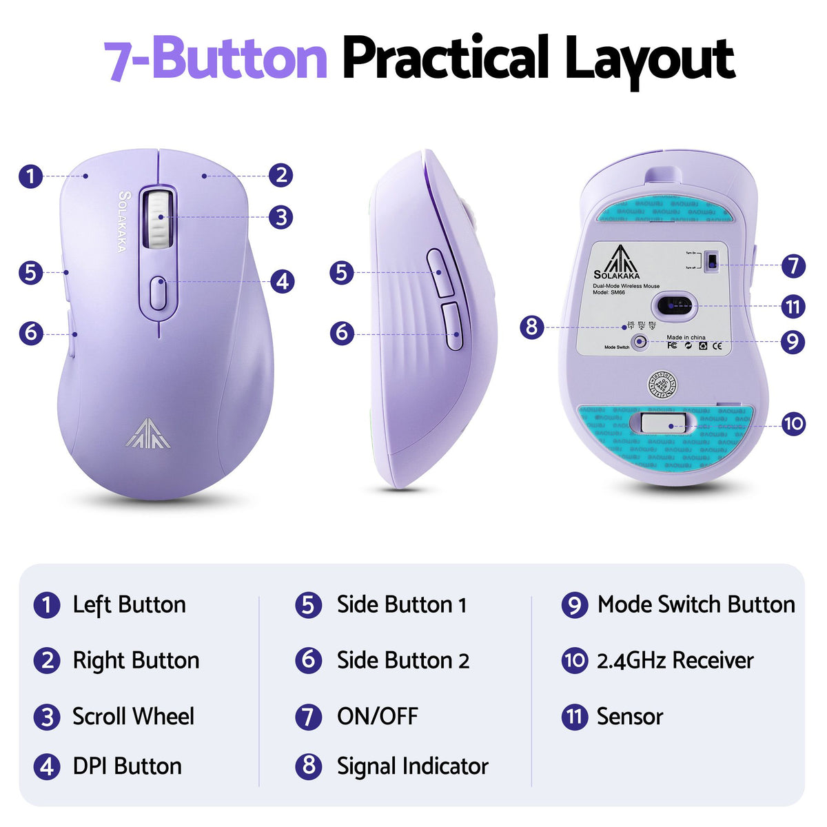 SOLAKAKA SM66 Silent Wireless Mouse Bluetooth 2.4GHz Multi-Device 4200DPI Purple