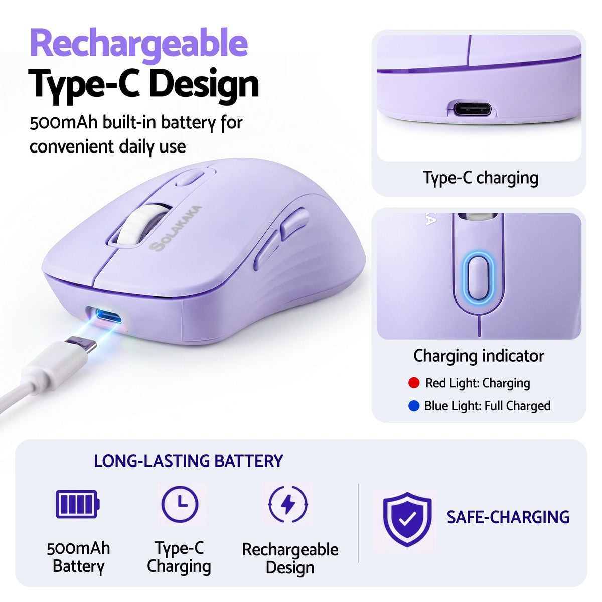 SOLAKAKA SM66 Silent Wireless Mouse Bluetooth 2.4GHz Multi-Device 4200DPI Purple