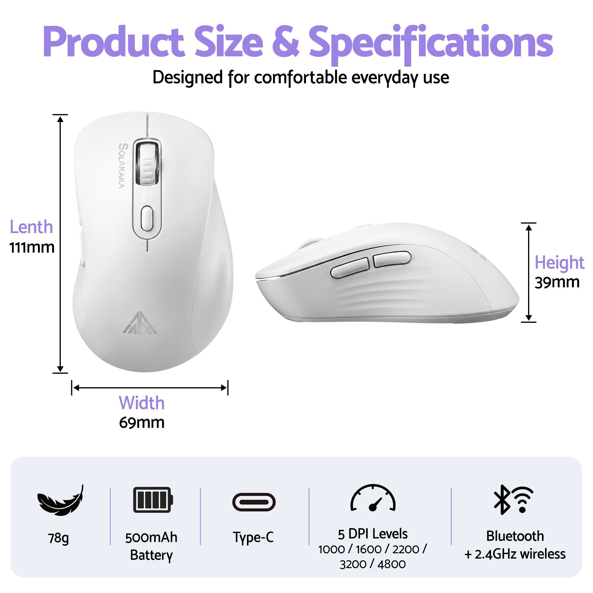 SOLAKAKA SM66 Silent Wireless Mouse Bluetooth 2.4GHz Multi-Device 4200 DPI White