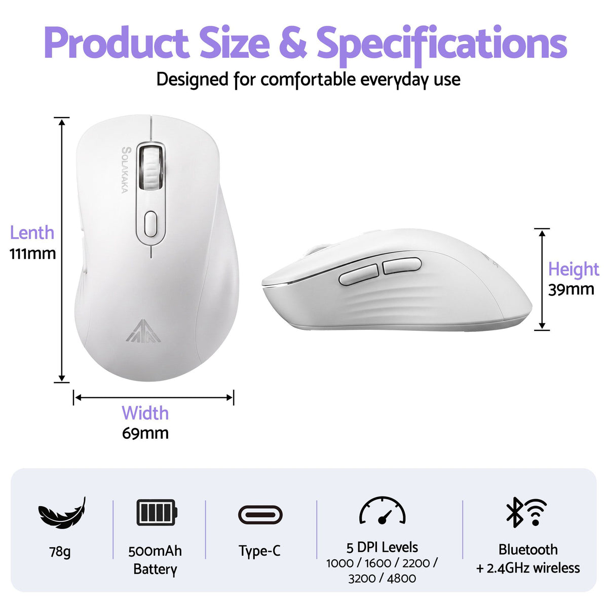 SOLAKAKA SM66 Silent Wireless Mouse Bluetooth 2.4GHz Multi-Device 4200 DPI White
