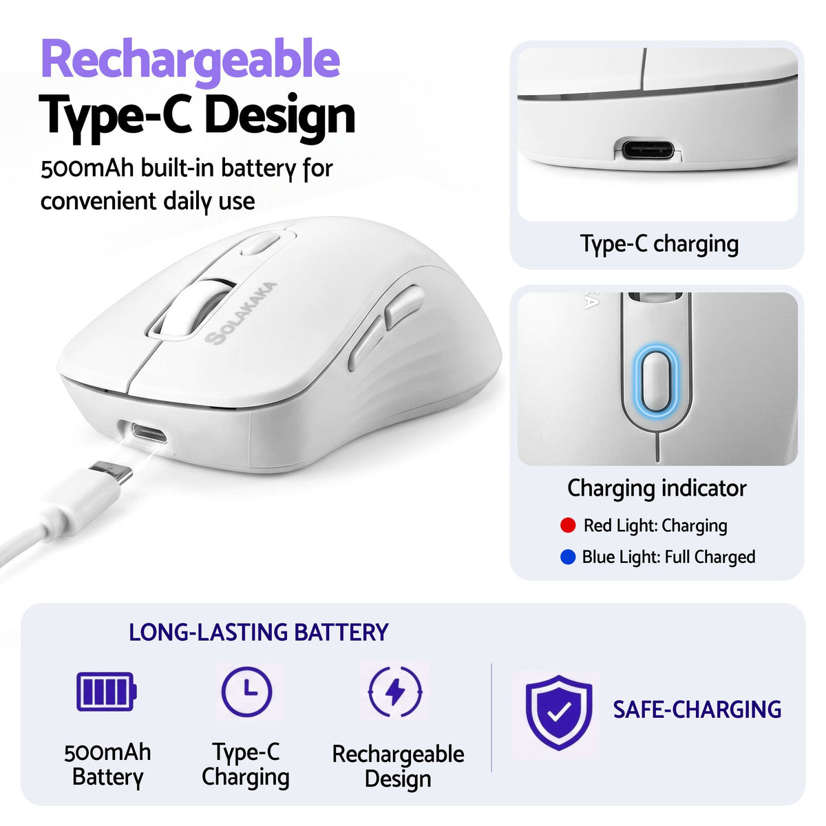 SOLAKAKA SM66 Silent Wireless Mouse Bluetooth 2.4GHz Multi-Device 4200 DPI White