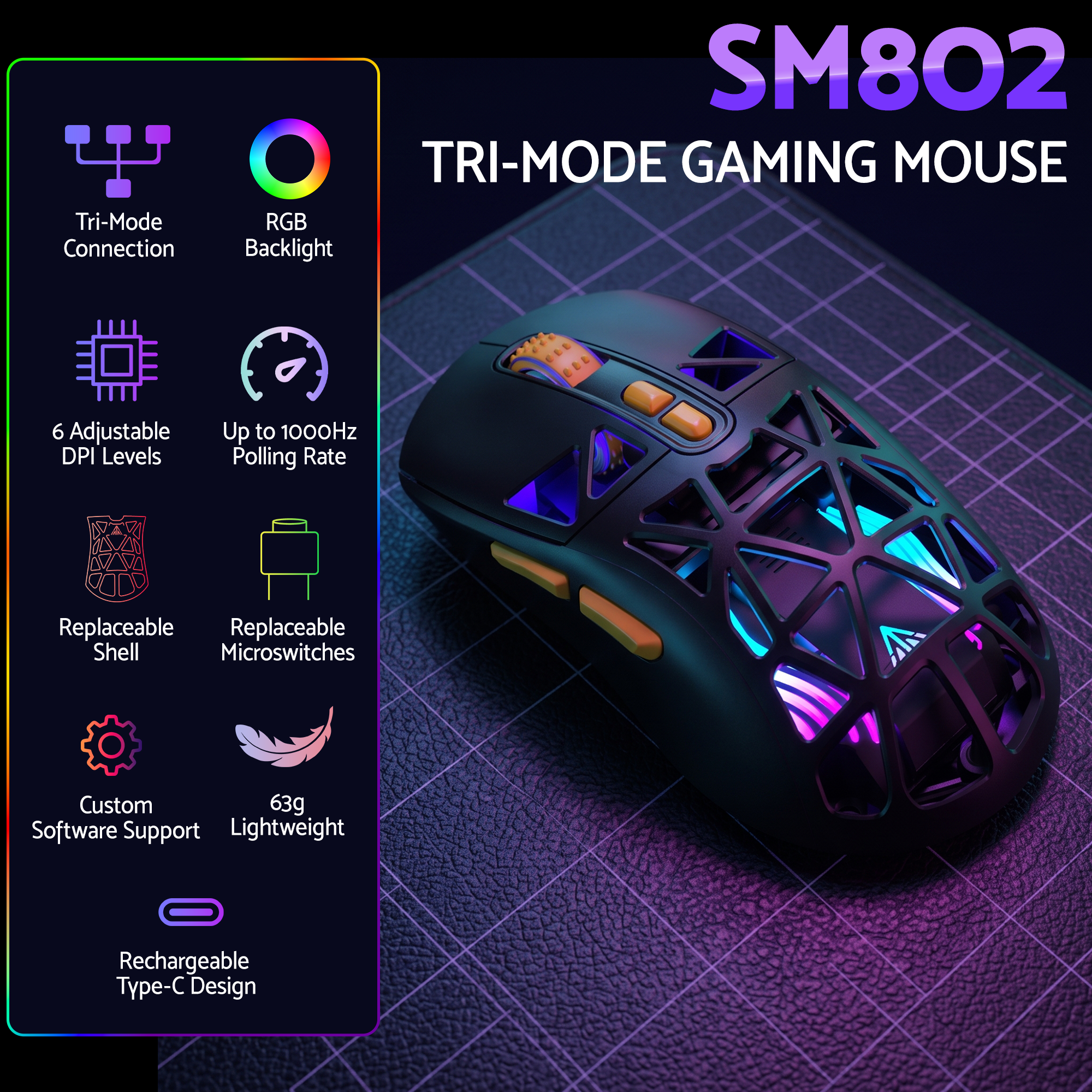 SOLAKAKA SM802 Pro Wireless Gaming Mouse Tri-Mode RGB 24000 DPI Hot-Swap Black