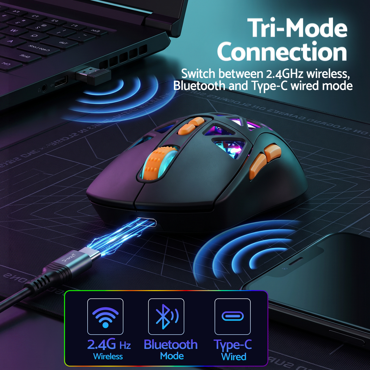 SOLAKAKA SM802 Pro Wireless Gaming Mouse Tri-Mode RGB 24000 DPI Hot-Swap Black