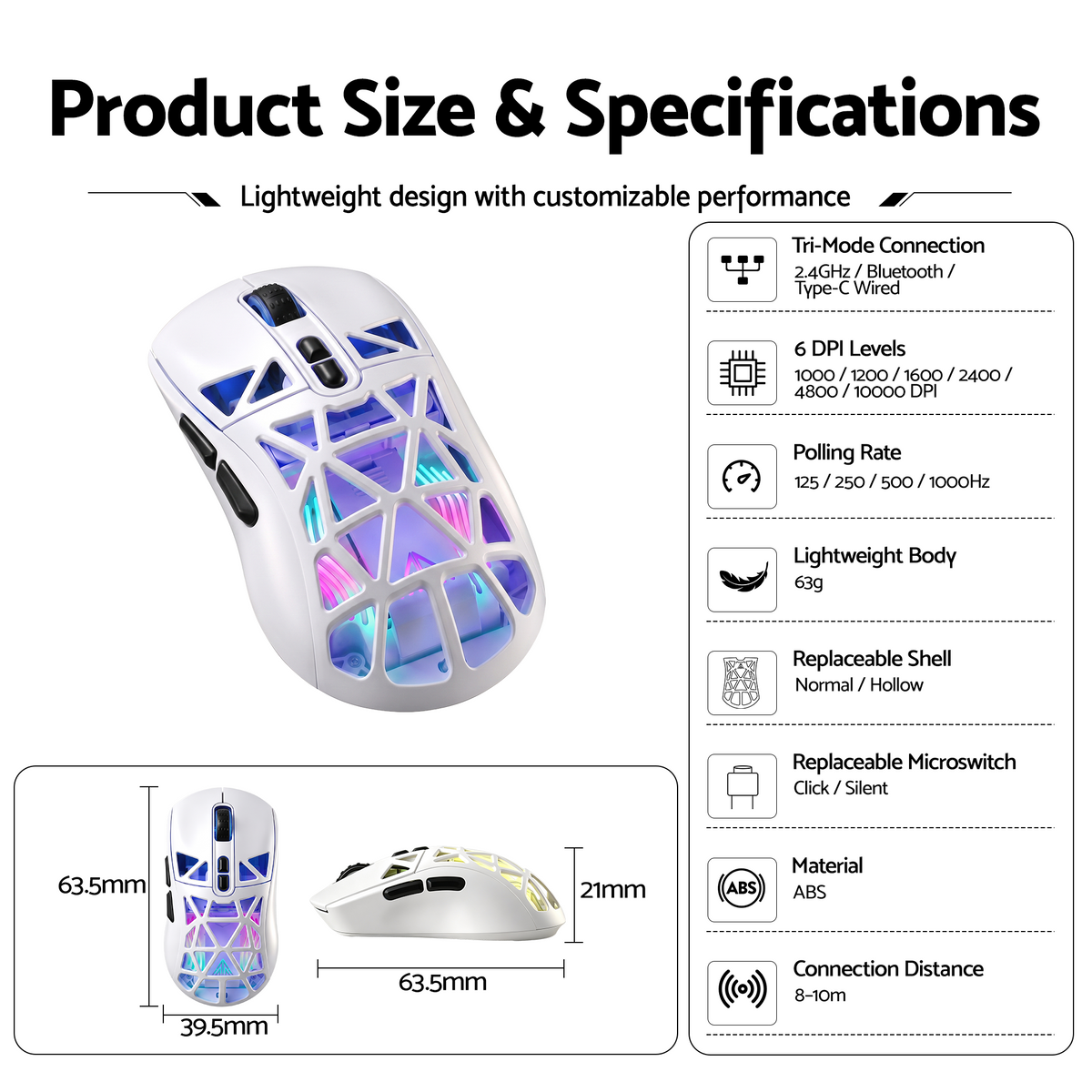 SOLAKAKA SM802 Pro Wireless Gaming Mouse Tri-Mode RGB 24000 DPI Hot-Swap White