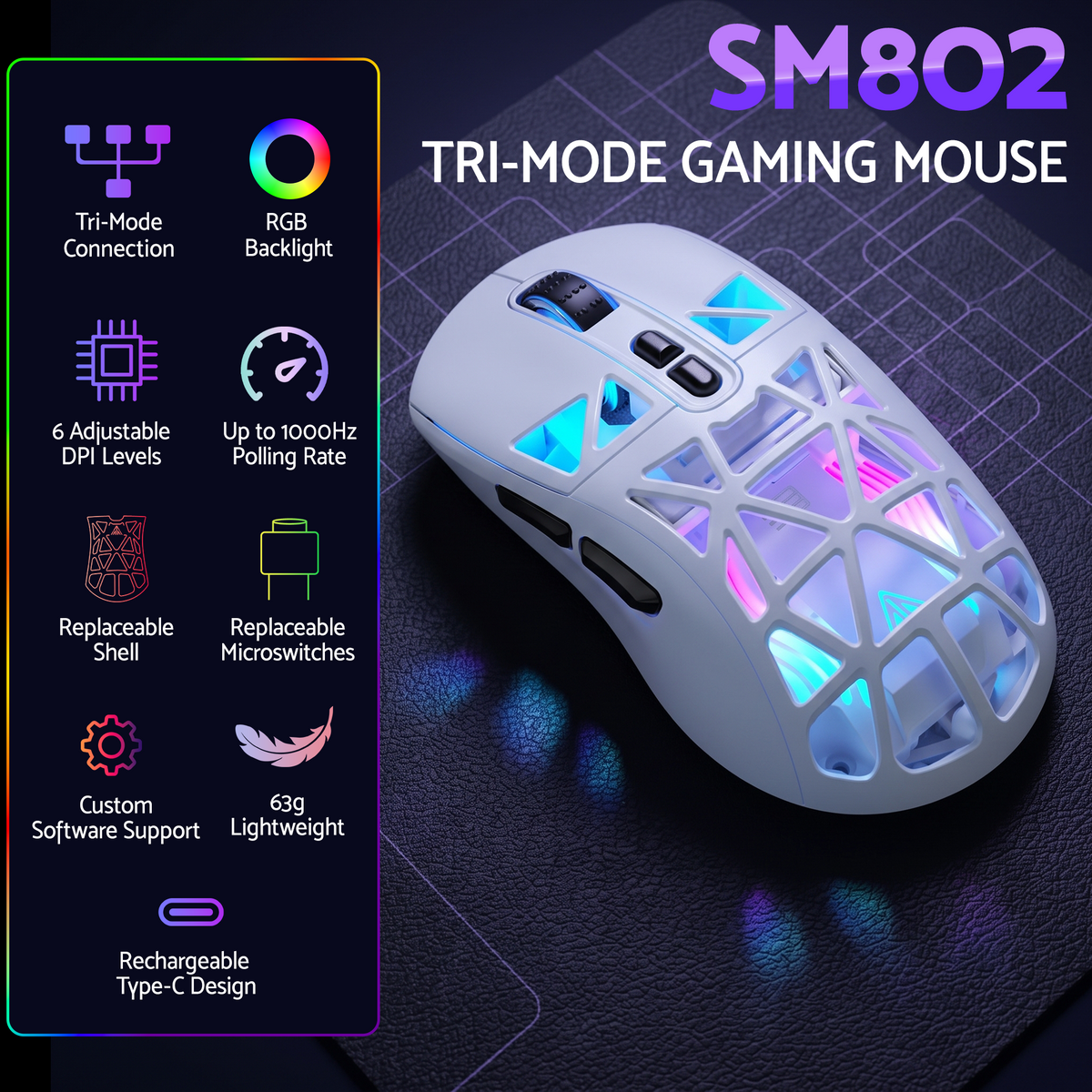 SOLAKAKA SM802 Pro Wireless Gaming Mouse Tri-Mode RGB 24000 DPI Hot-Swap White