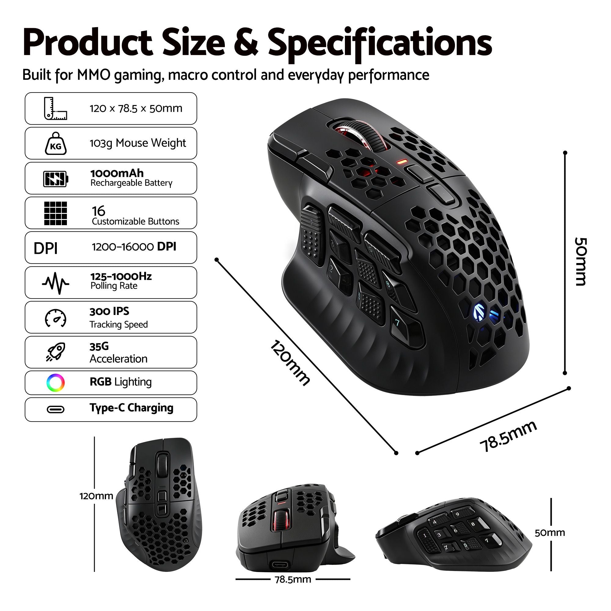 SOLAKAKA SM809 Pro Wireless MMO Gaming Mouse 16 Buttons 24000 DPI RGB Black
