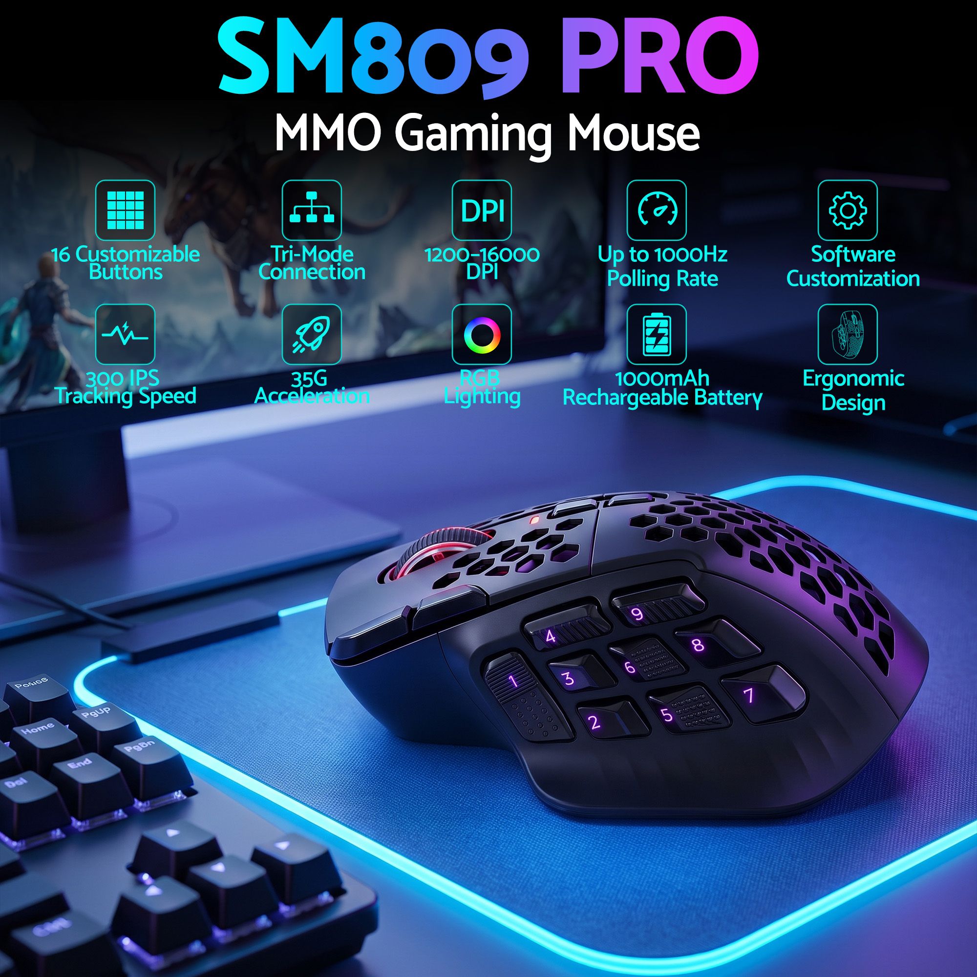 SOLAKAKA SM809 Pro Wireless MMO Gaming Mouse 16 Buttons 24000 DPI RGB Black