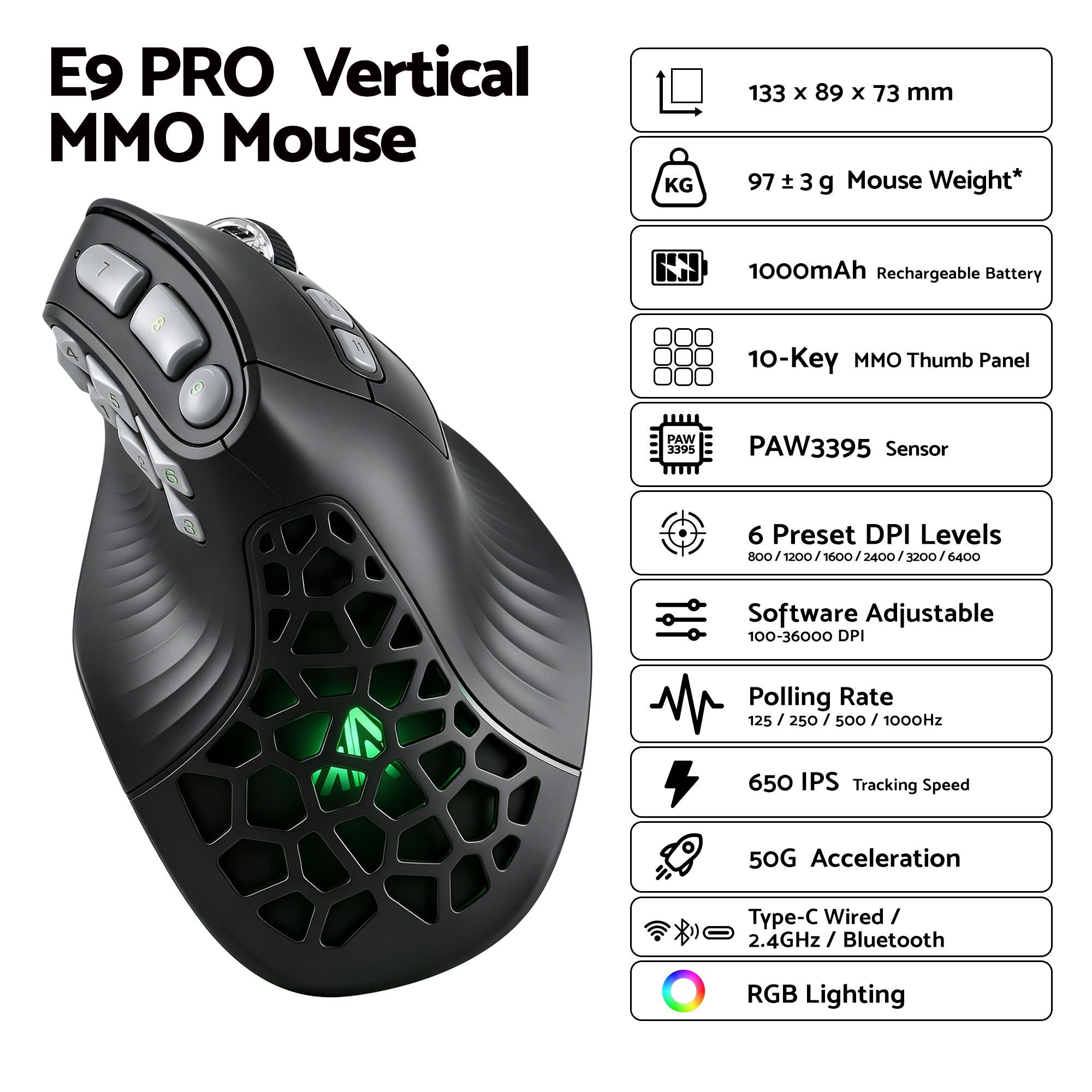 SOLAKAKA E9 Pro Vertical Wireless MMO Gaming Mouse 36000 DPI 8000Hz Black
