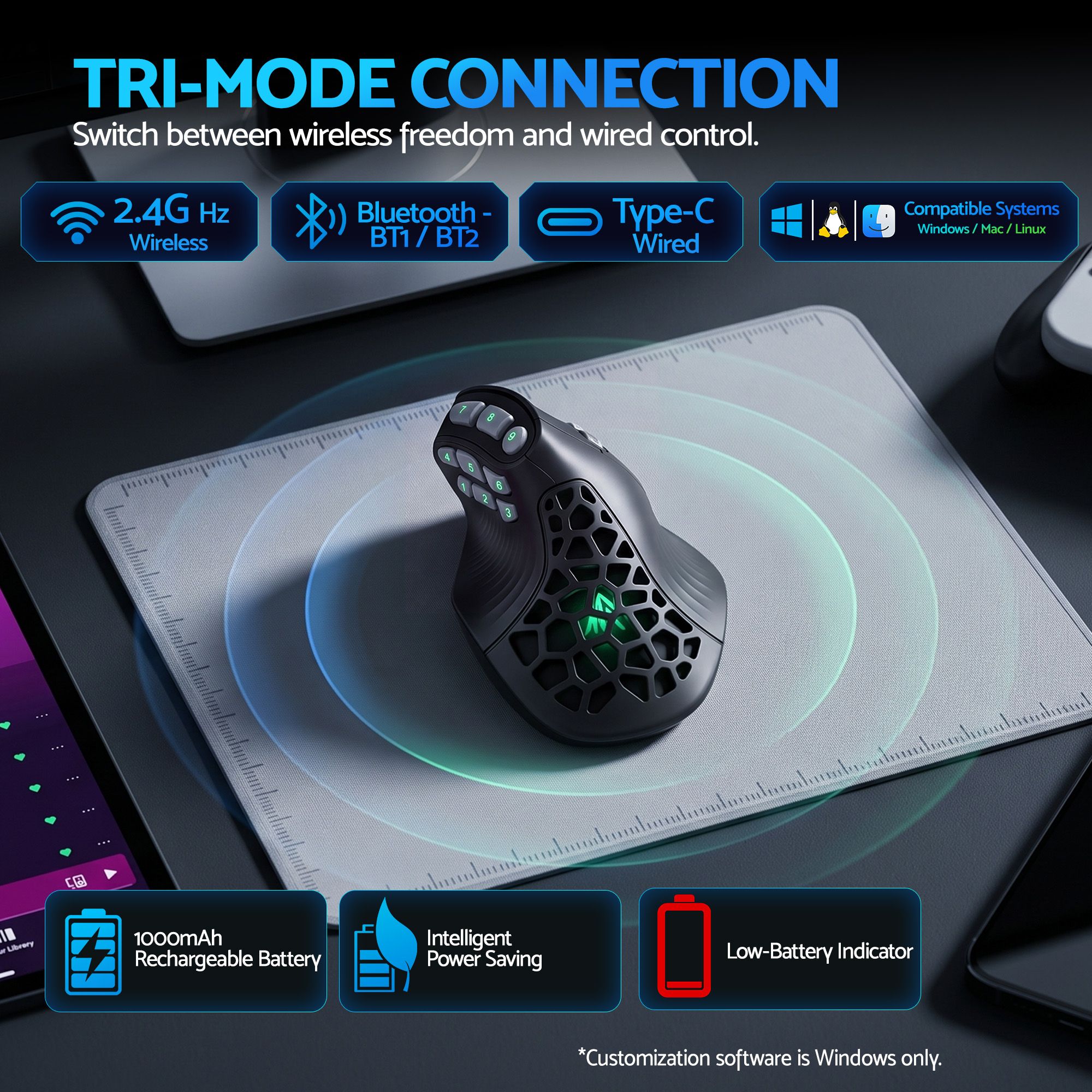 SOLAKAKA E9 Pro Vertical Wireless MMO Gaming Mouse 36000 DPI 8000Hz Black