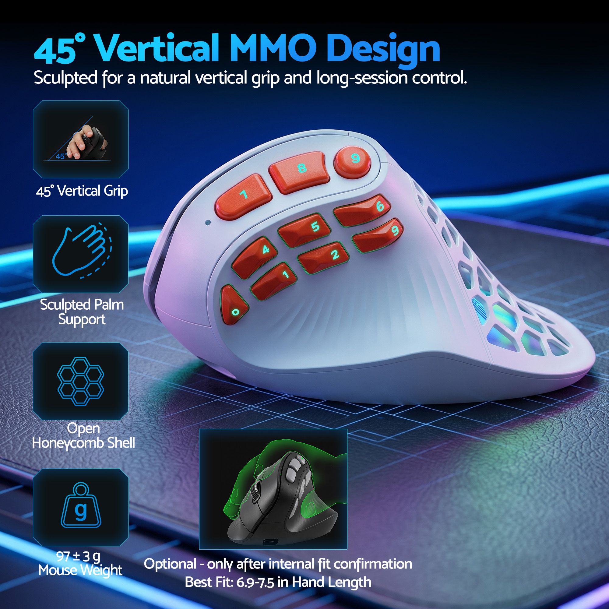 SOLAKAKA E9 Pro Vertical Wireless MMO Gaming Mouse 36000 DPI 8000Hz White