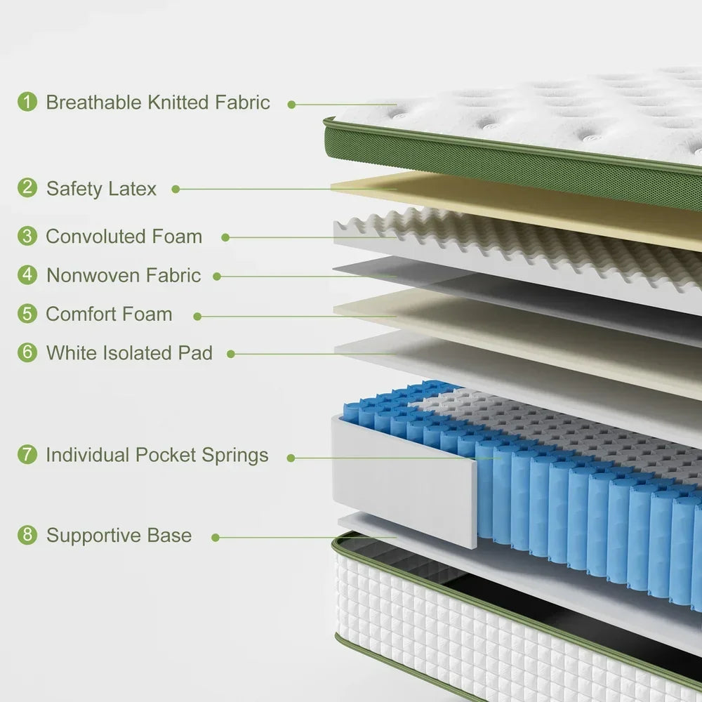 34cm King Single Latex Hybrid Mattress Medium Firm - 5 Zone Pocket Spring Bed for Pressure Relief Motion Isolation