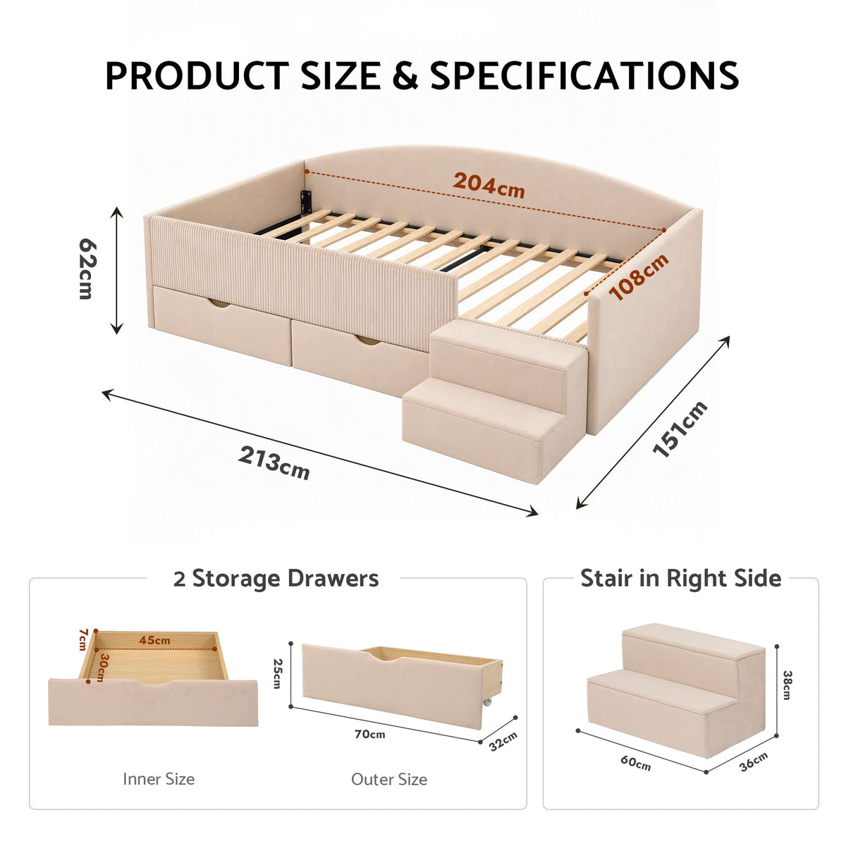 Artiss King Single Upholstered Daybed with Stairs & Storage Drawers, Beige
