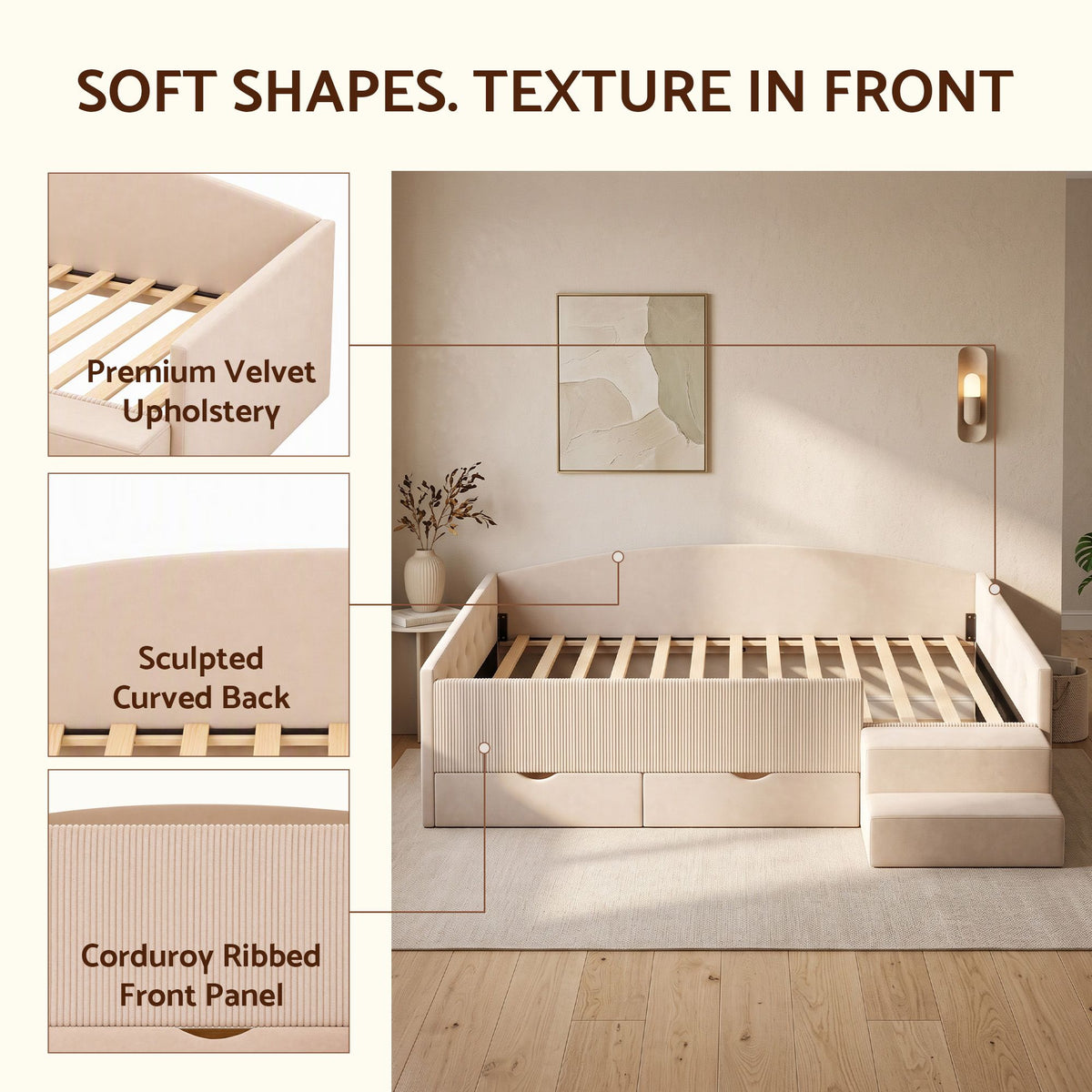 Artiss King Single Upholstered Daybed with Stairs & Storage Drawers, Beige