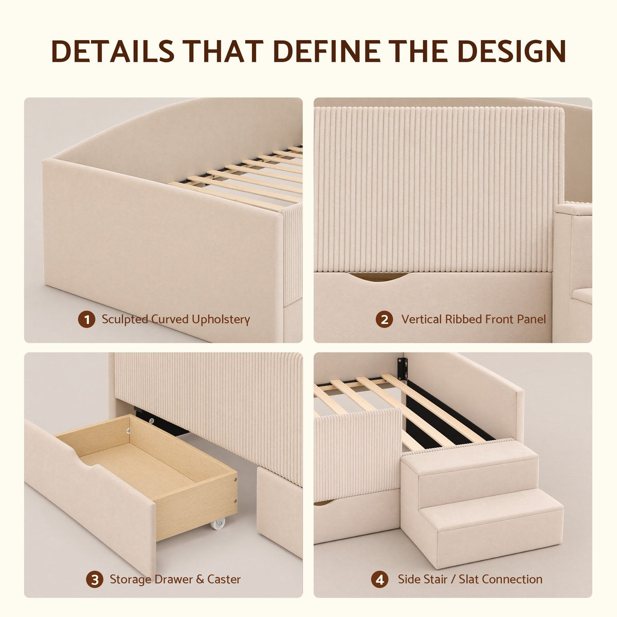 Artiss King Single Upholstered Daybed with Stairs & Storage Drawers, Beige