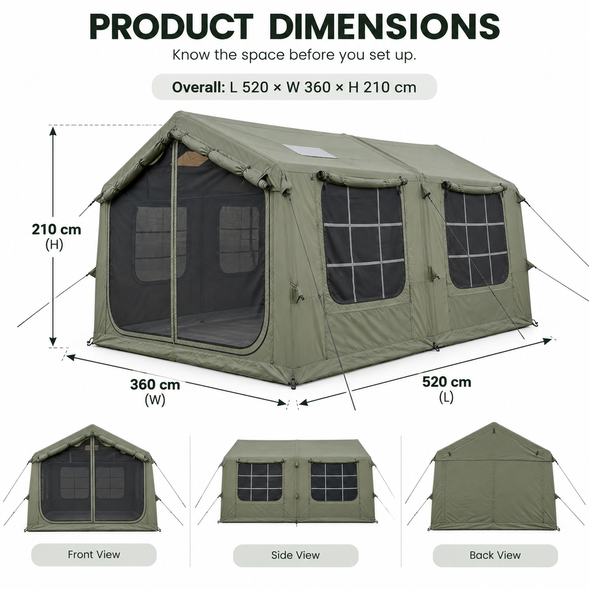 Weisshorn Inflatable Cabin Camping Tent 520x360cm Air Frame Mesh Olive Green