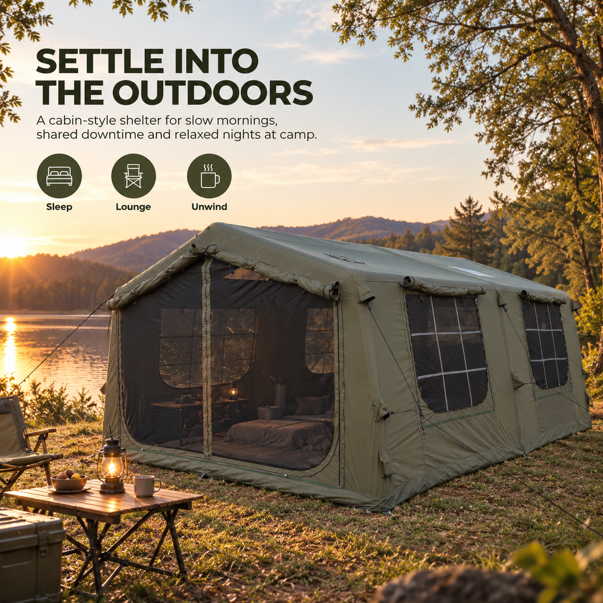 Weisshorn Inflatable Cabin Camping Tent 520x360cm Air Frame Mesh Olive Green