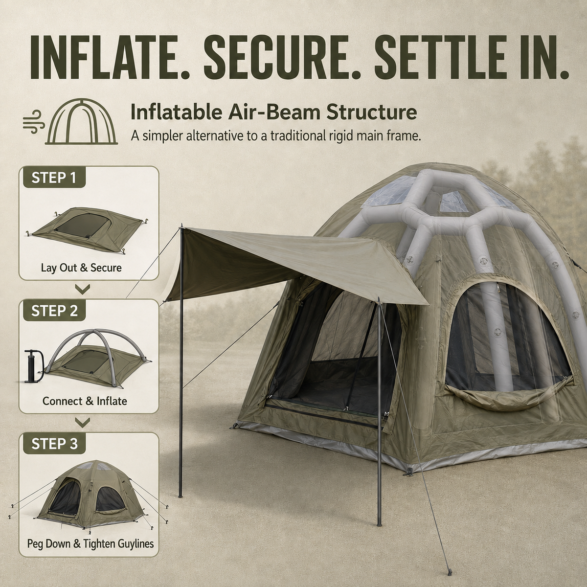 Weisshorn 4 Person Inflatable Air Tent, TC Canvas Glamping Tent with Pump & Pegs