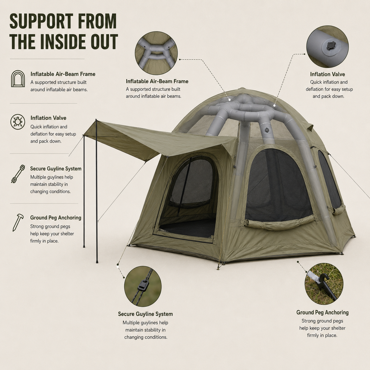 Weisshorn 4 Person Inflatable Air Tent, TC Canvas Glamping Tent with Pump & Pegs