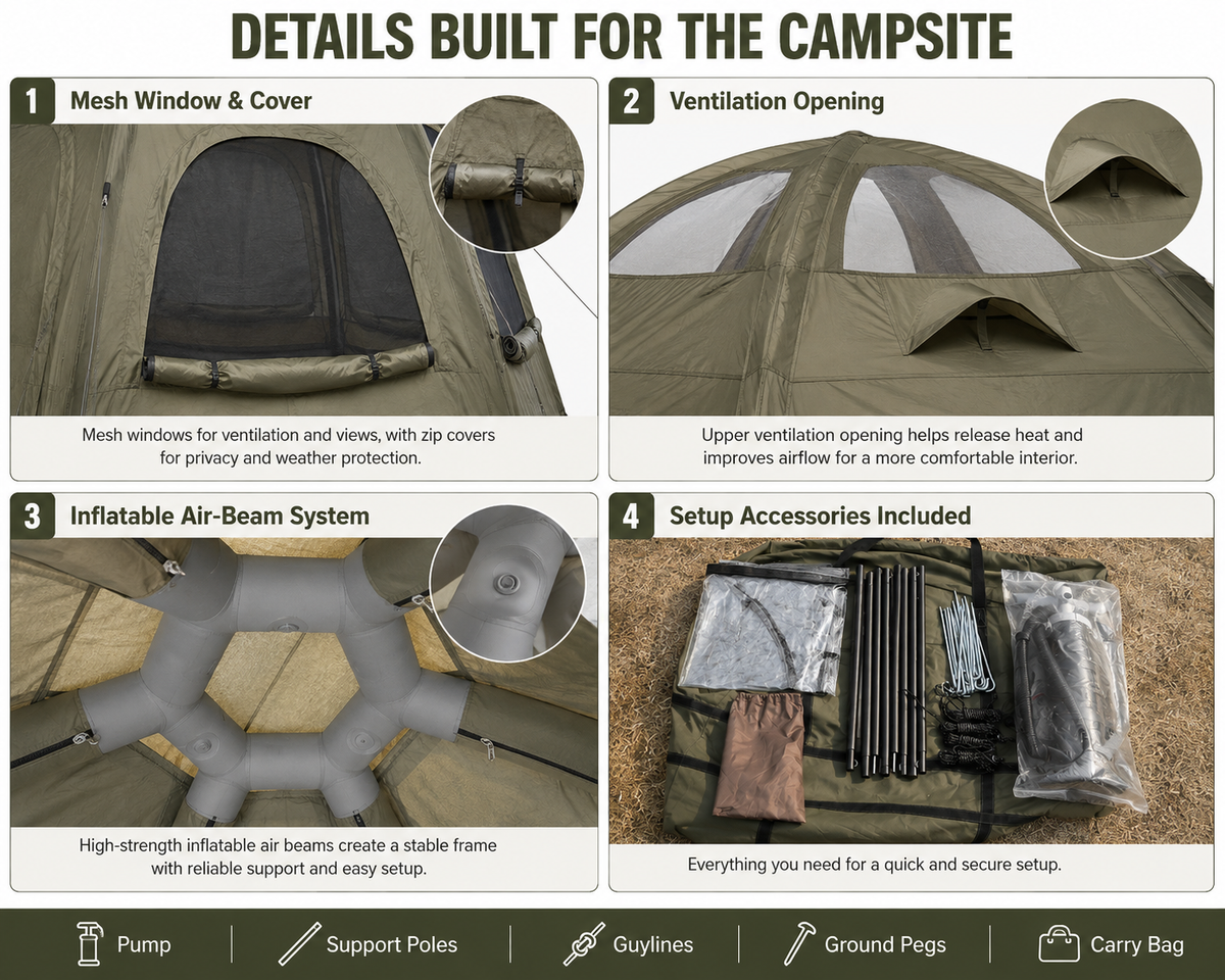 Weisshorn 4 Person Inflatable Air Tent, TC Canvas Glamping Tent with Pump & Pegs