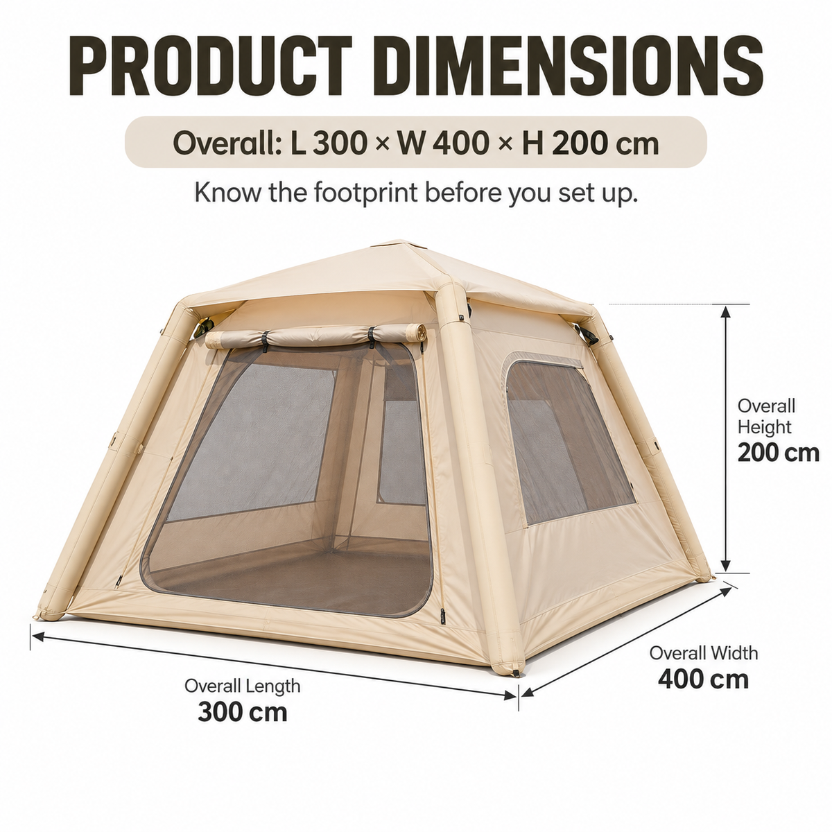 Weisshorn Inflatable Tent 300x400cm, Air Beam, Dual Doors & Arched Windows