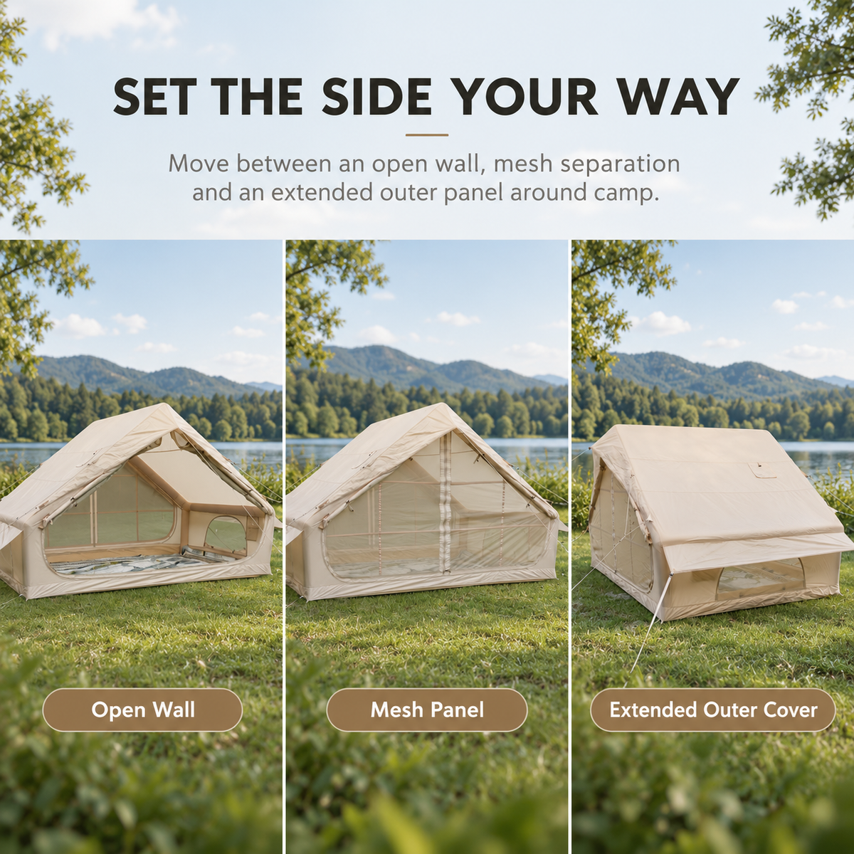 Weisshorn Inflatable A-Frame Camping Tent 300x210cm, 200cm Headroom, Beige