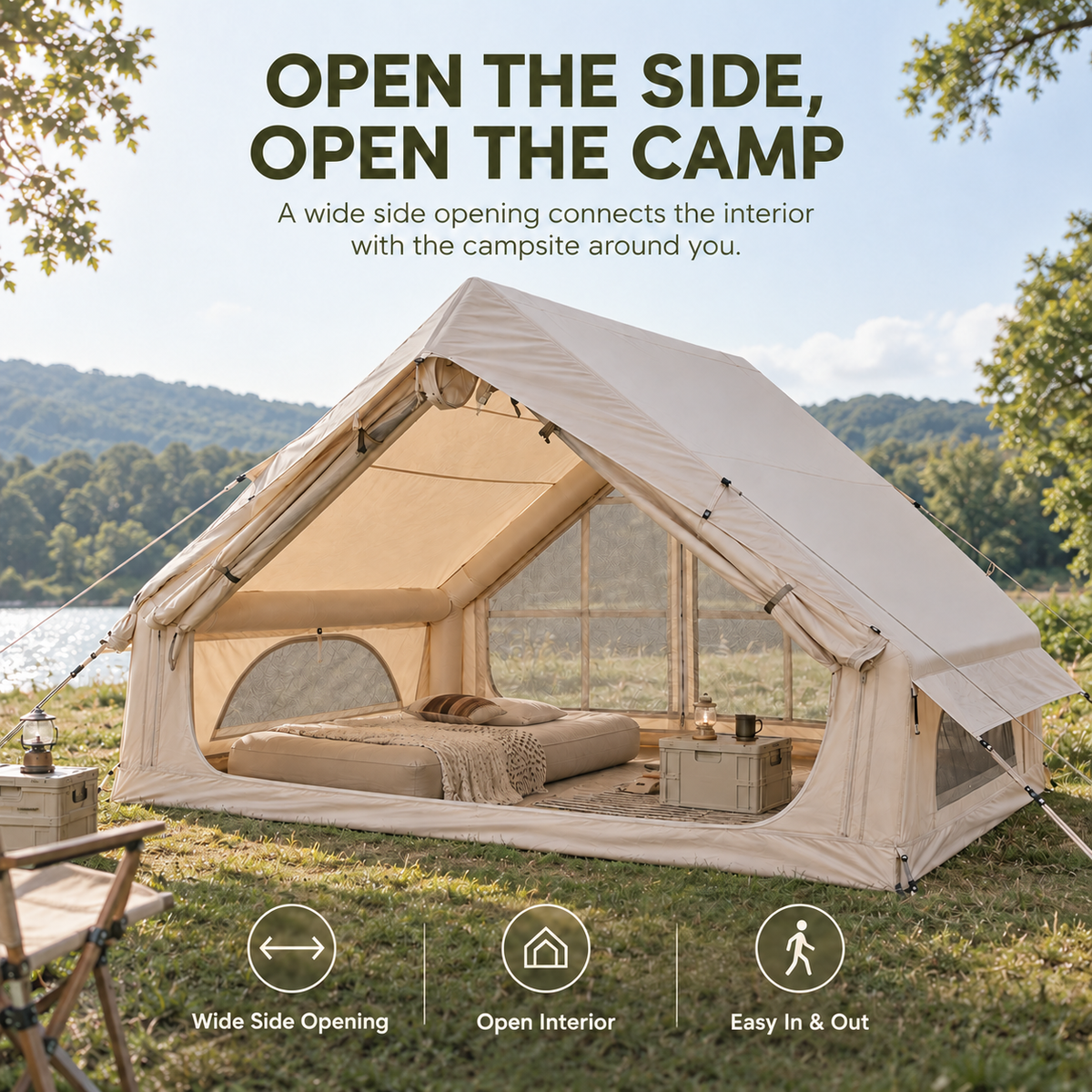 Weisshorn Inflatable A-Frame Camping Tent 300x210cm, 200cm Headroom, Beige