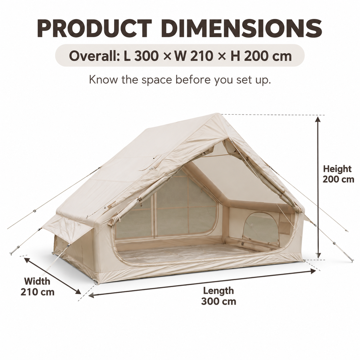 Weisshorn Inflatable A-Frame Camping Tent 300x210cm, 200cm Headroom, Beige