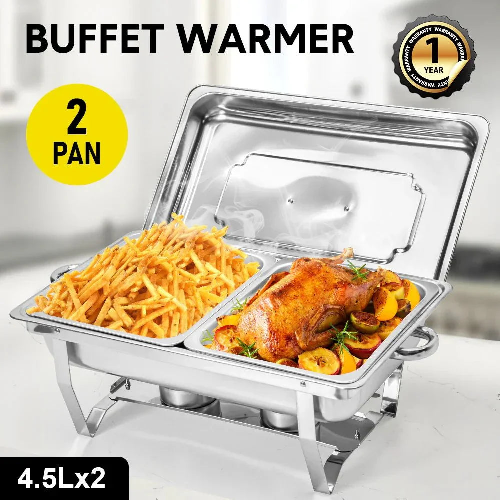 4.5LX2 Chafing Dish Set, Premium 410 Stainless Steel Buffet Warmer, Bain Marie Food Server with Fuel Holders & Lid, Stackable Catering Equipment for Hotels, Parties, Weddings & Banquets, Silver
