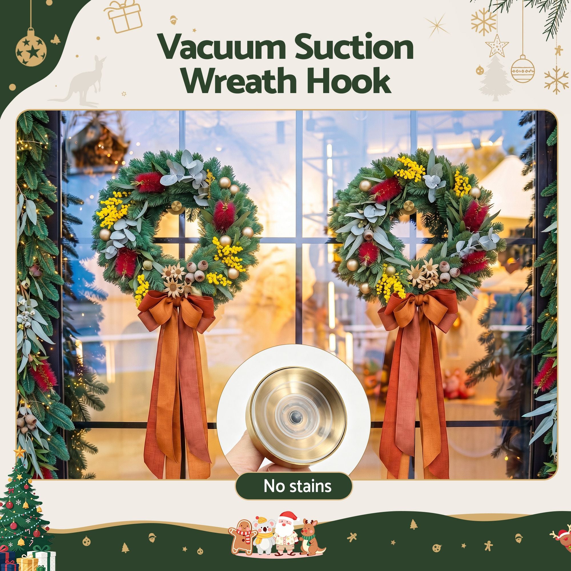 Suction Cup Wreath Hooks 2 Pack Heavy Duty 5kg Vacuum Stainless Steel No Drill