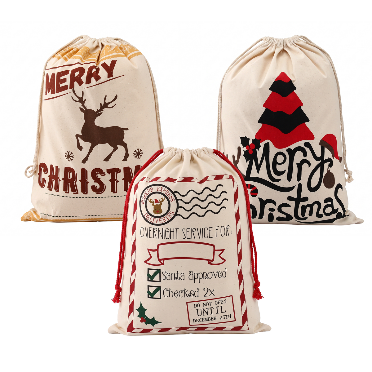 Jingle Jollys 3pc Large Canvas Christmas Santa Sacks 70 x 50cm Personalised DIY
