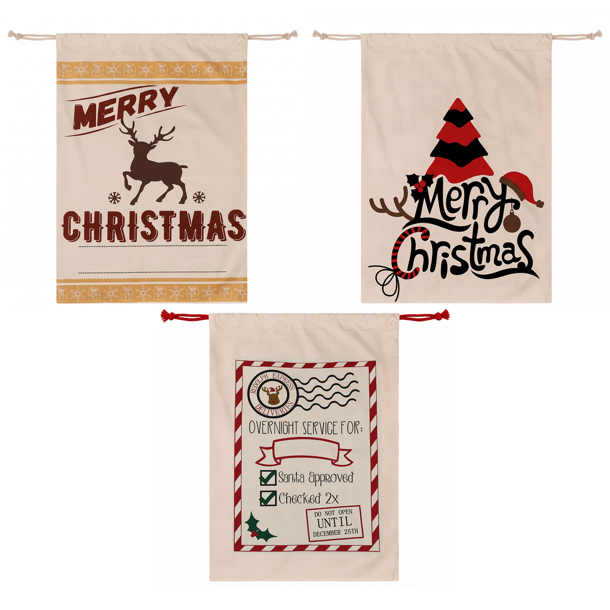 Jingle Jollys 3pc Large Canvas Christmas Santa Sacks 70 x 50cm Personalised DIY