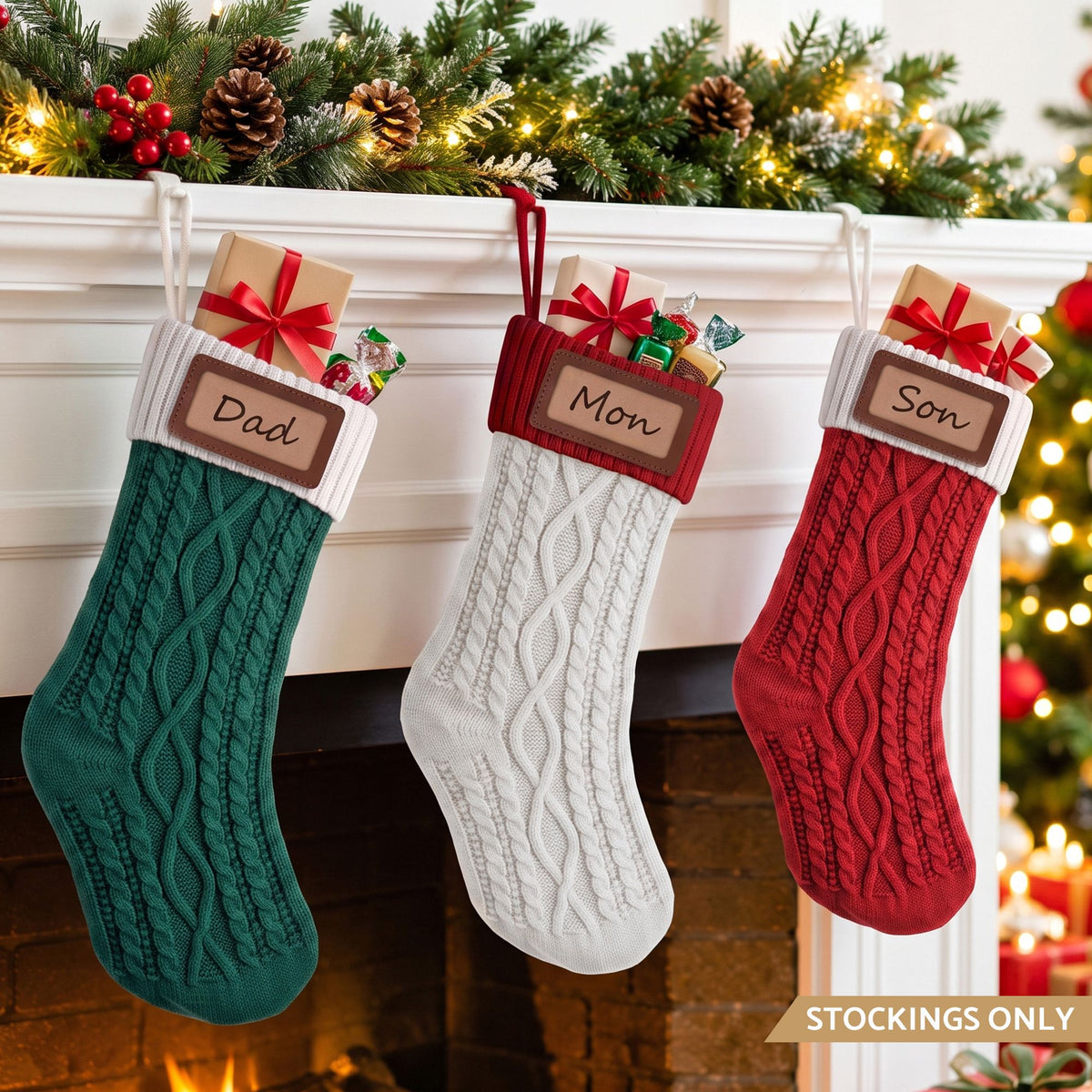 3PCS Personalized Christmas Stockings Leather Patches Contrast Colour Set