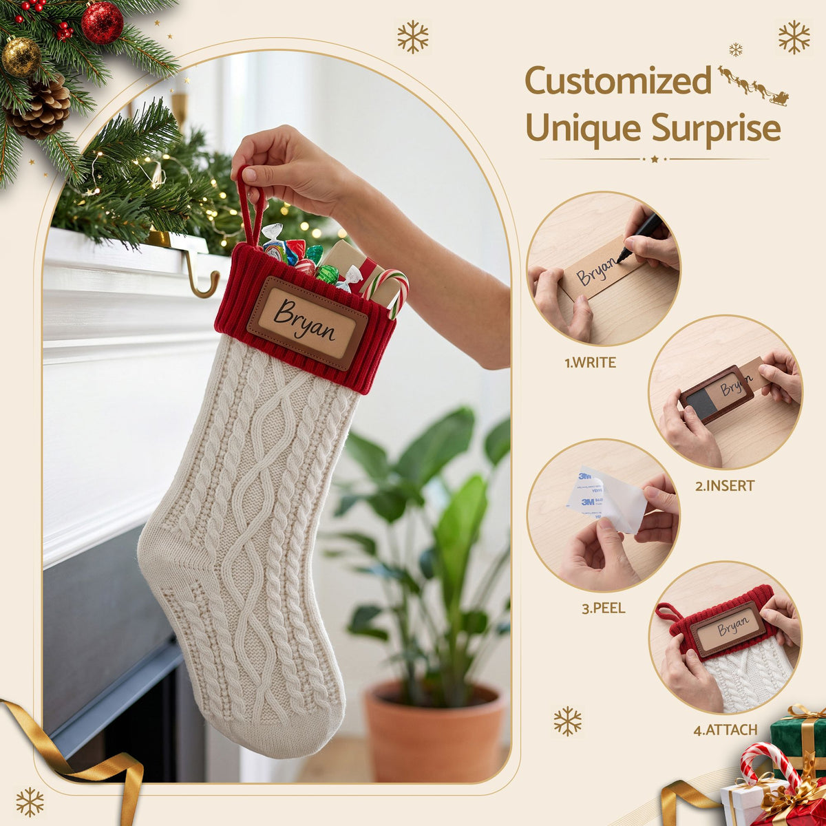 3PCS Personalized Christmas Stockings Leather Patches Contrast Colour Set