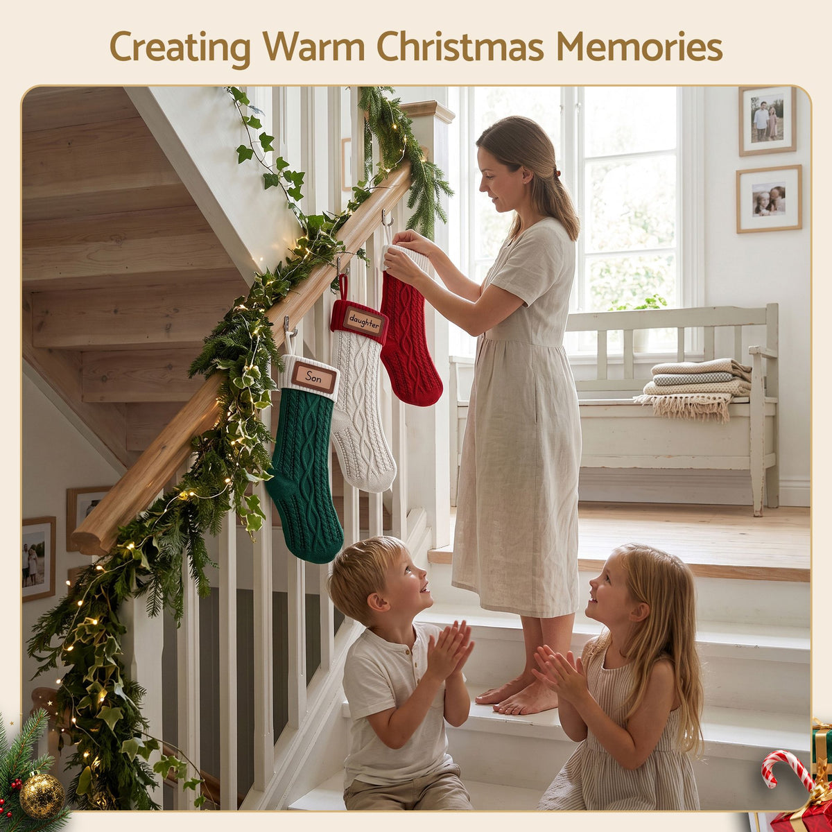 3PCS Personalized Christmas Stockings Leather Patches Contrast Colour Set