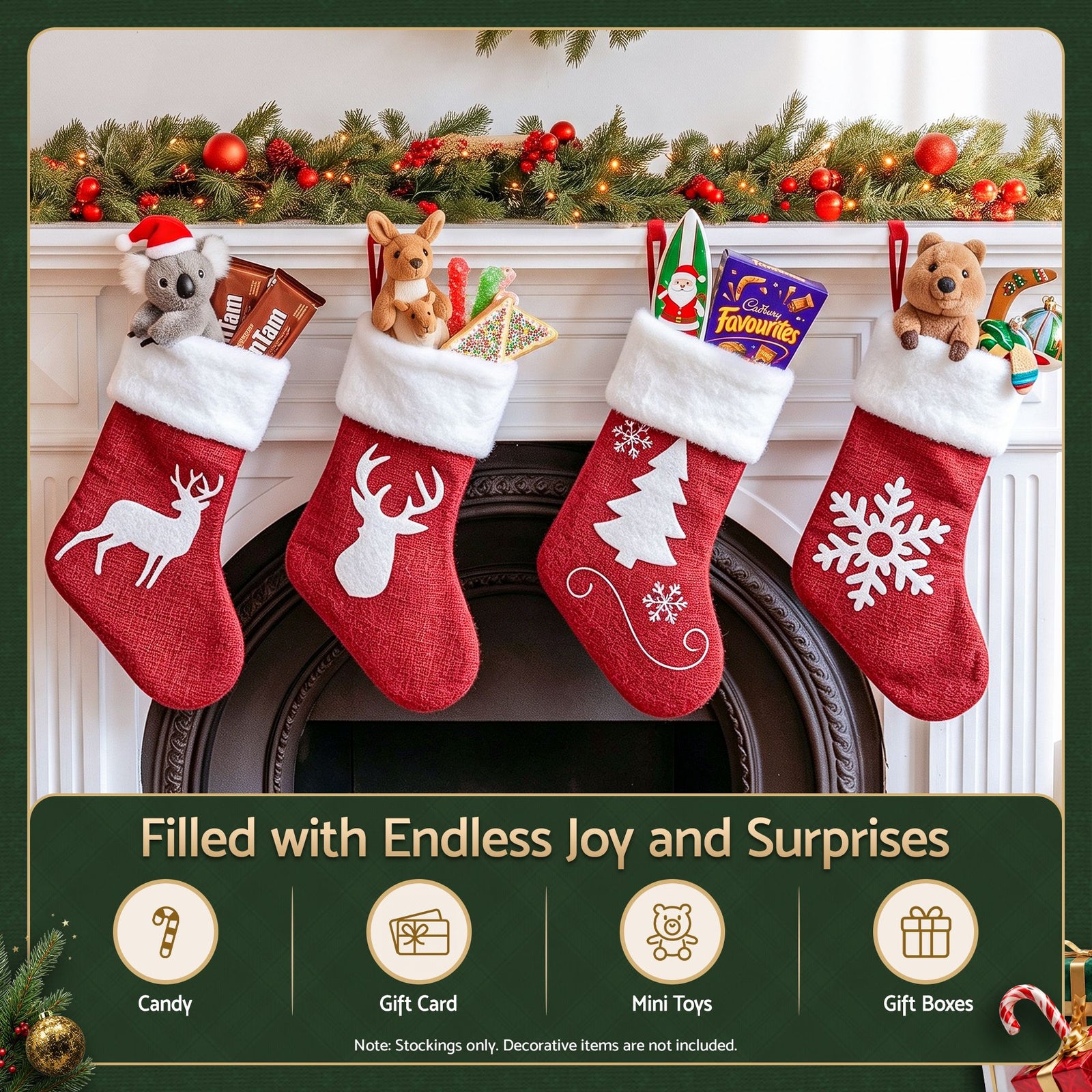 4 Pack Large Velvet Christmas Stockings 46.5cm Red White Fireplace Decor