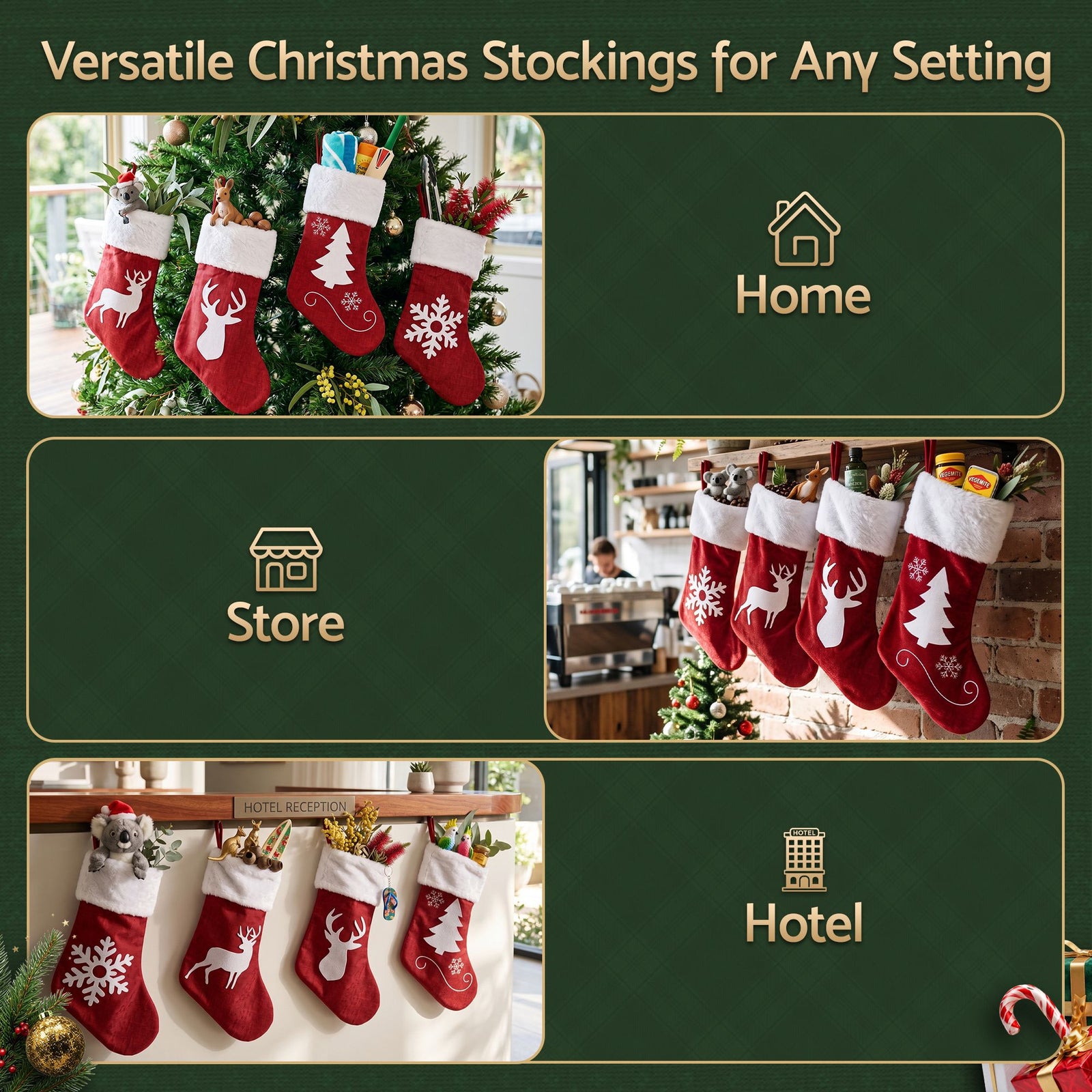 4 Pack Large Velvet Christmas Stockings 46.5cm Red White Fireplace Decor
