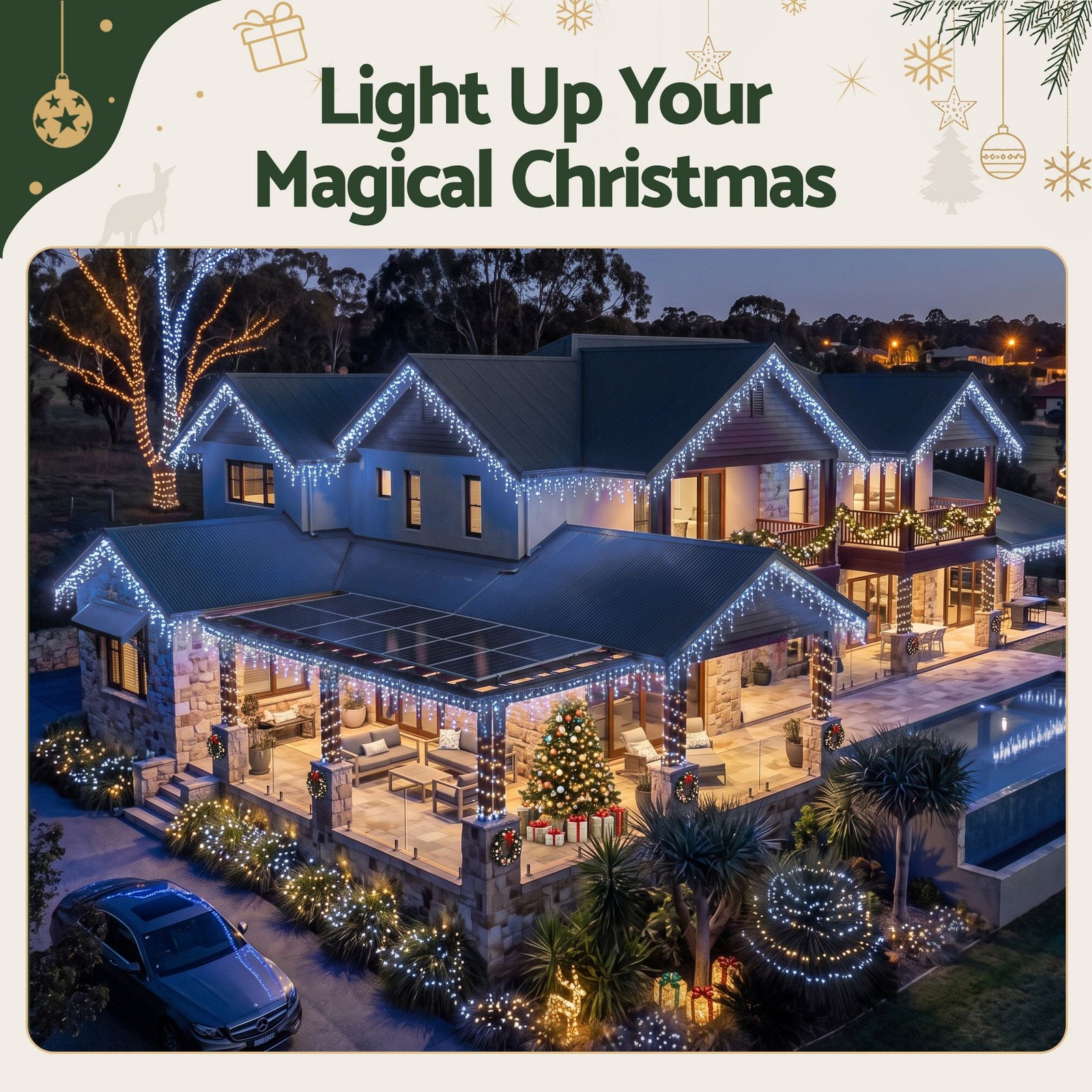 Jingle Jollys 32M Christmas Lights Solar Icicle String Lights 960 LED Cool White