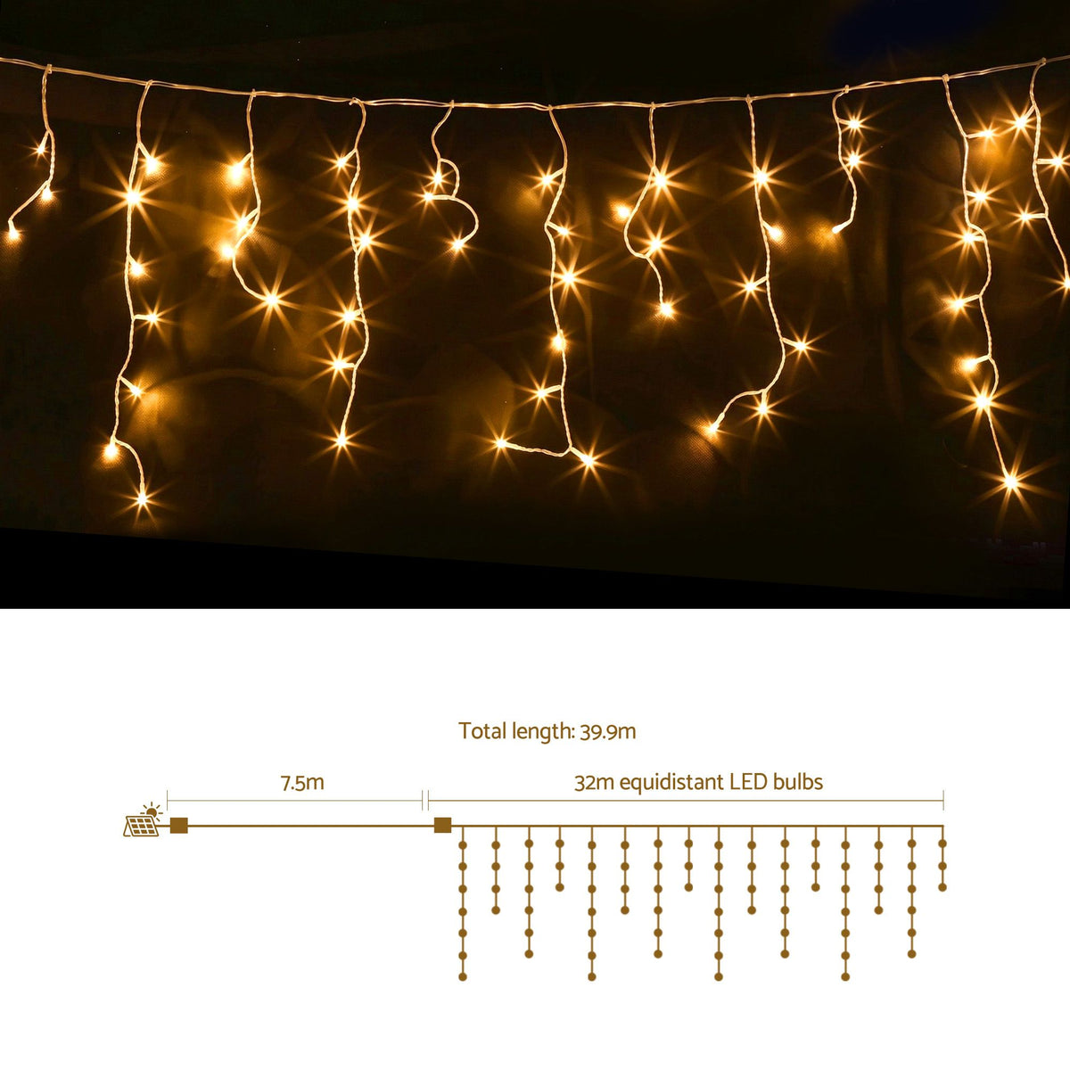 32M Christmas Icicle String Lights 960 LED Warm White 8 Modes Solar Powered